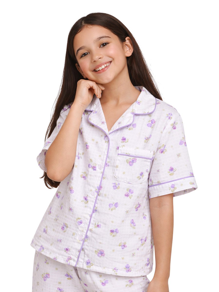 Girls Floral Print Muslin Cotton Shirt and Pyjama Set