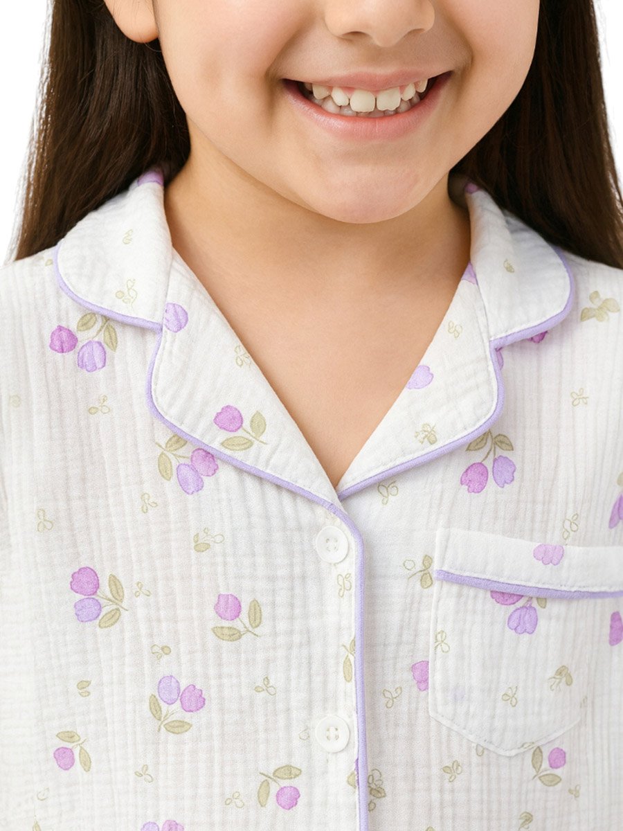 Girls Floral Print Muslin Cotton Shirt and Pyjama Set