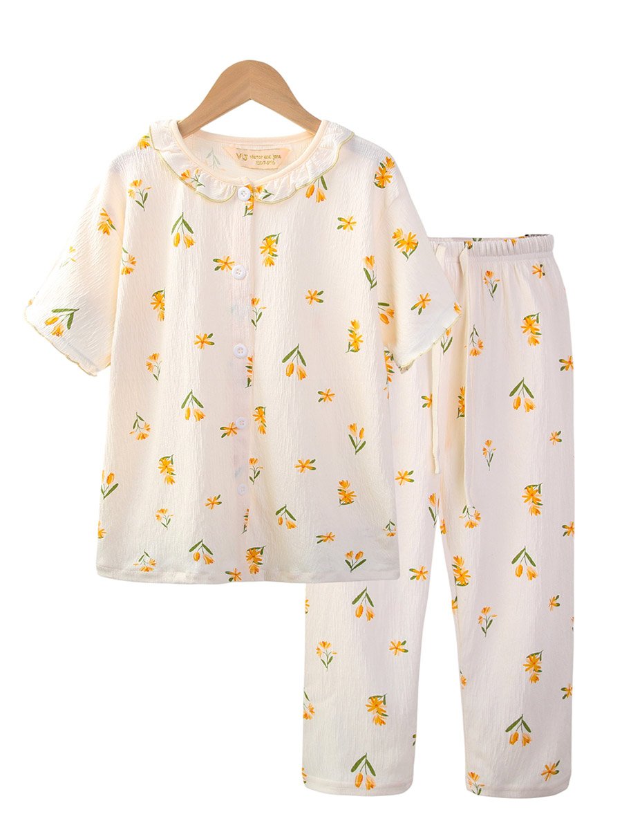Girls Floral Print Muslin Cotton Top and Pyjama Set