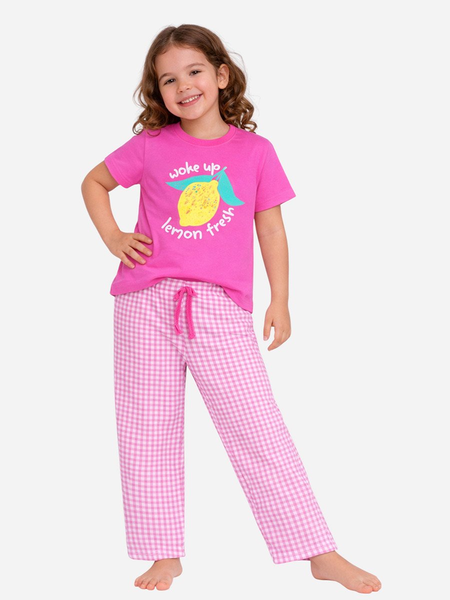 Girls Lemon Graphic T-Shirt and Gingham Pyjama Set