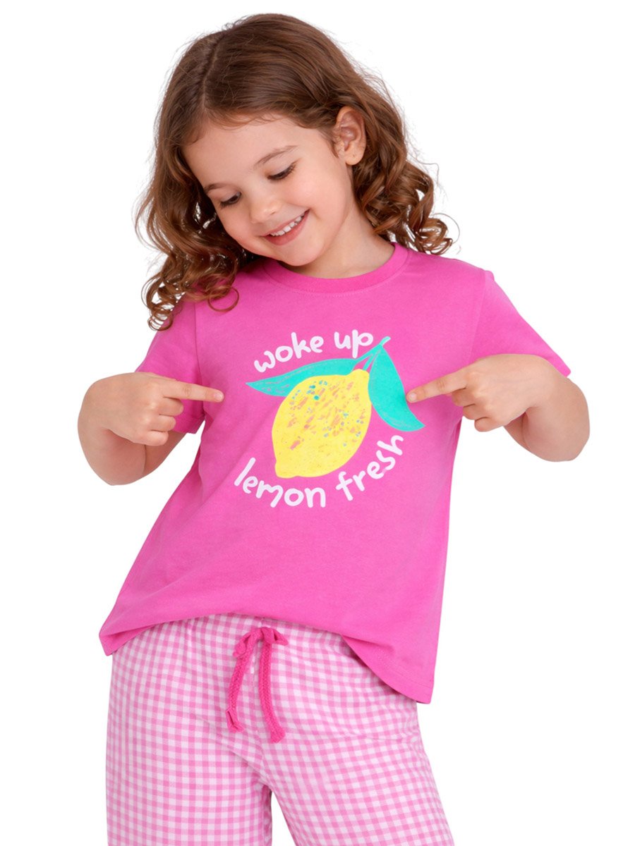 Girls Lemon Graphic T-Shirt and Gingham Pyjama Set