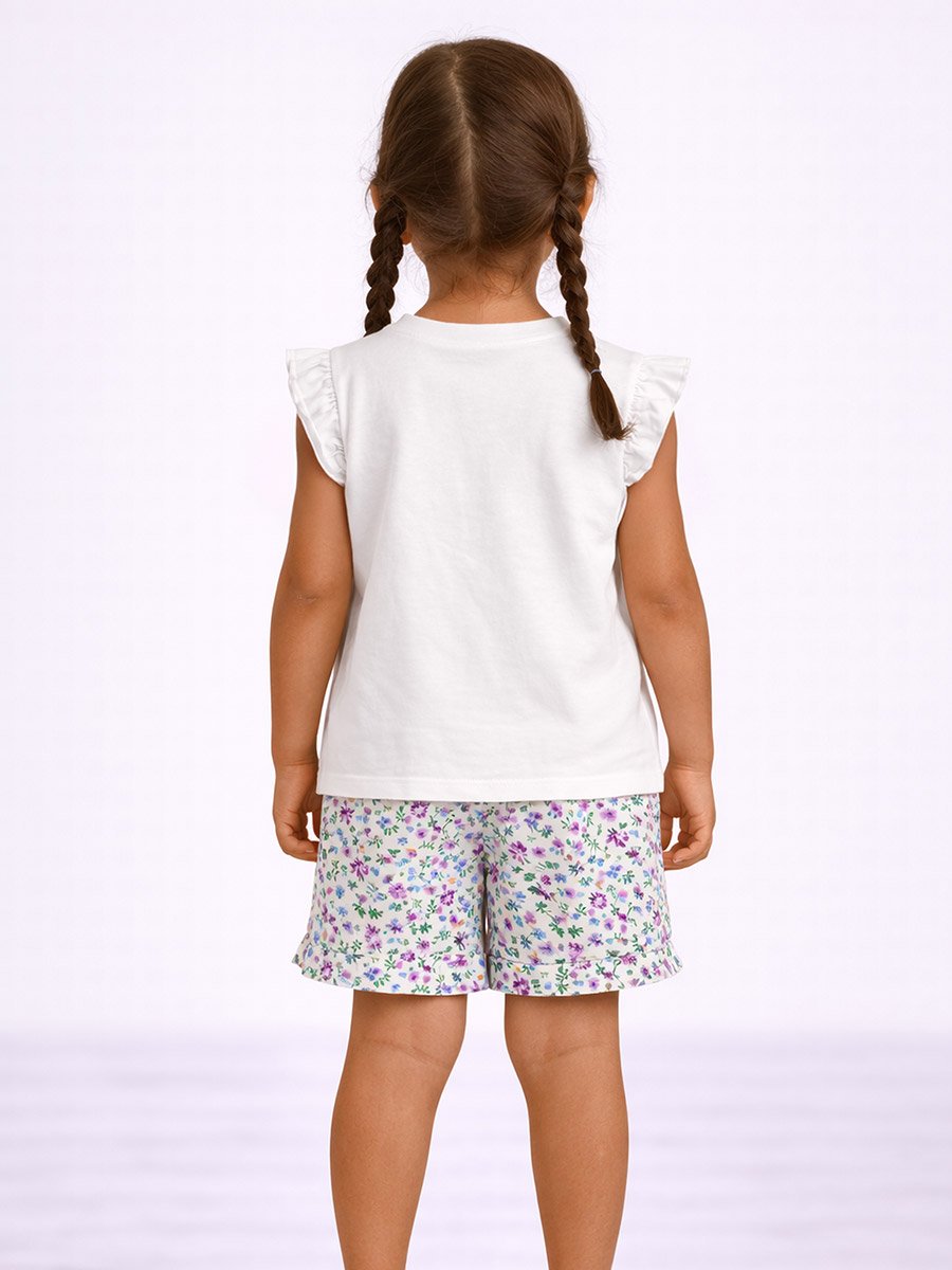 Girls Frill Sleeve Top and Floral Shorts Set