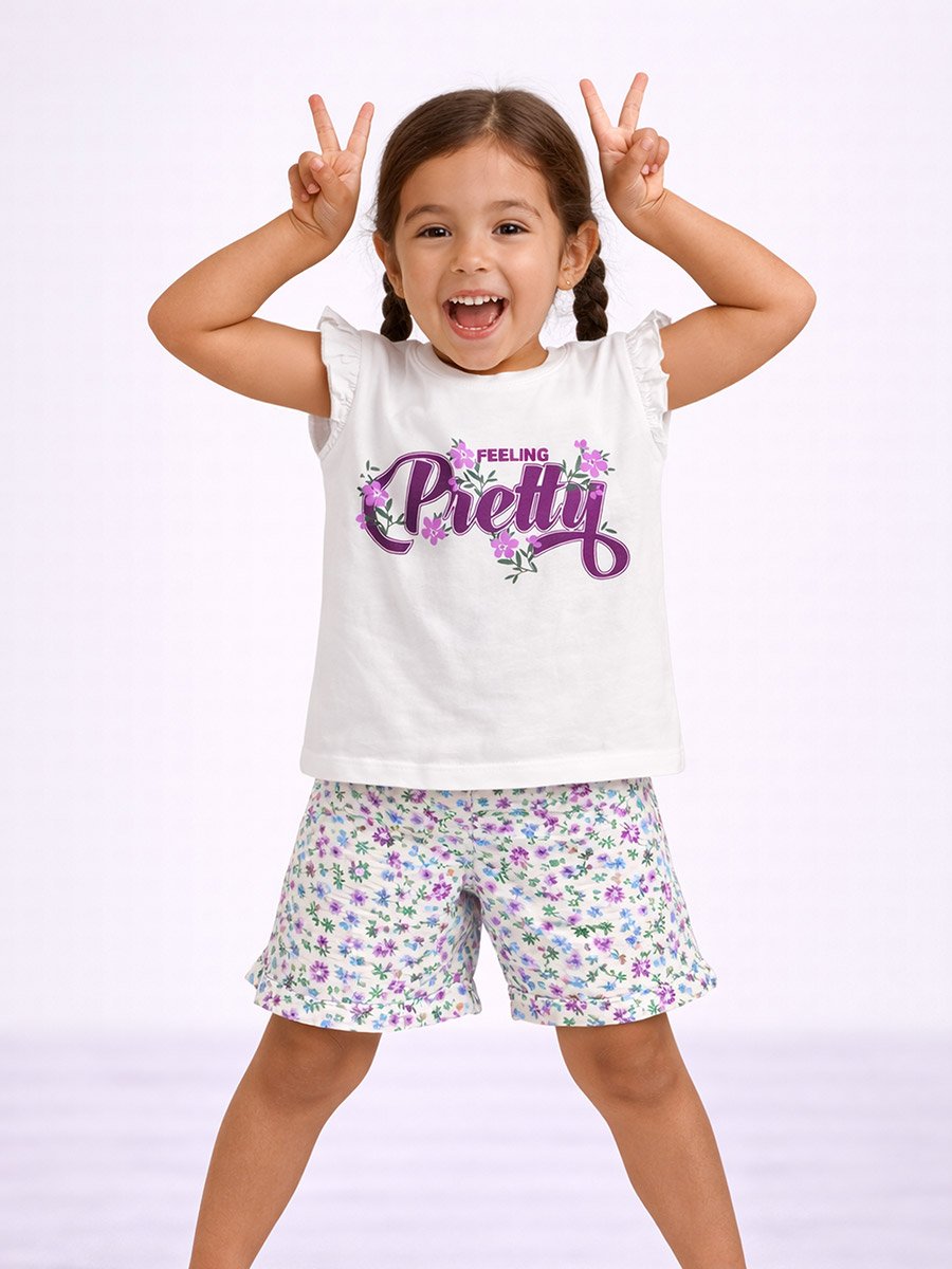 Girls Frill Sleeve Top and Floral Shorts Set