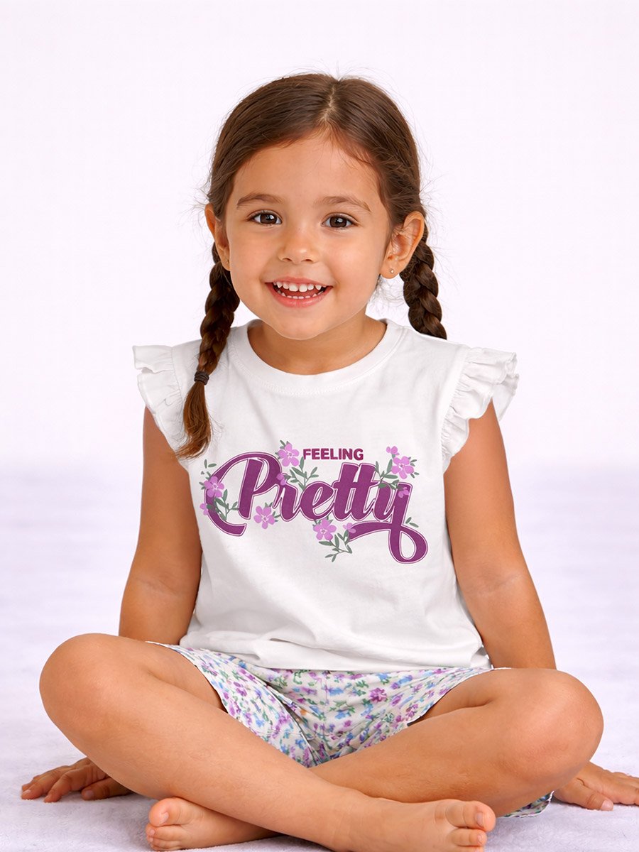Girls Frill Sleeve Top and Floral Shorts Set