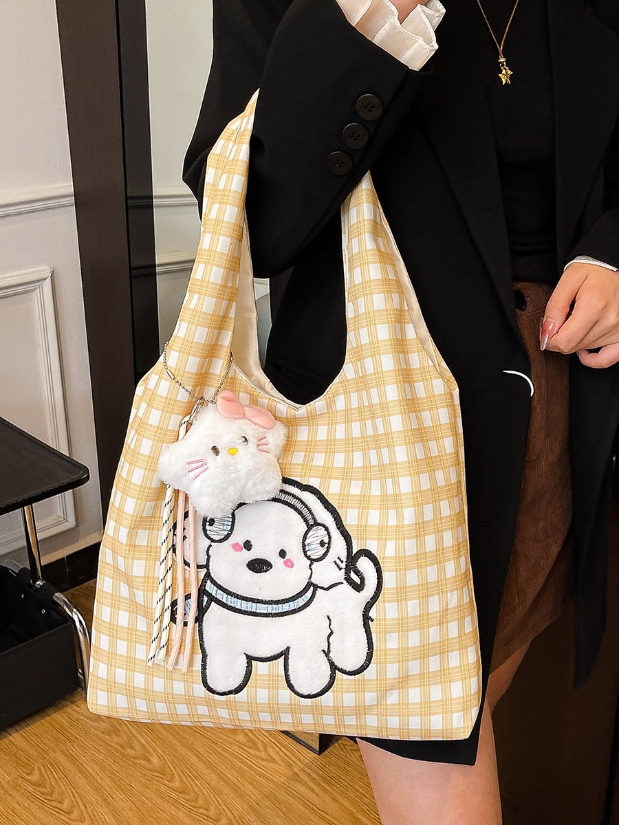 Girls Gingham Check Shoulder Bag with Plush Charm