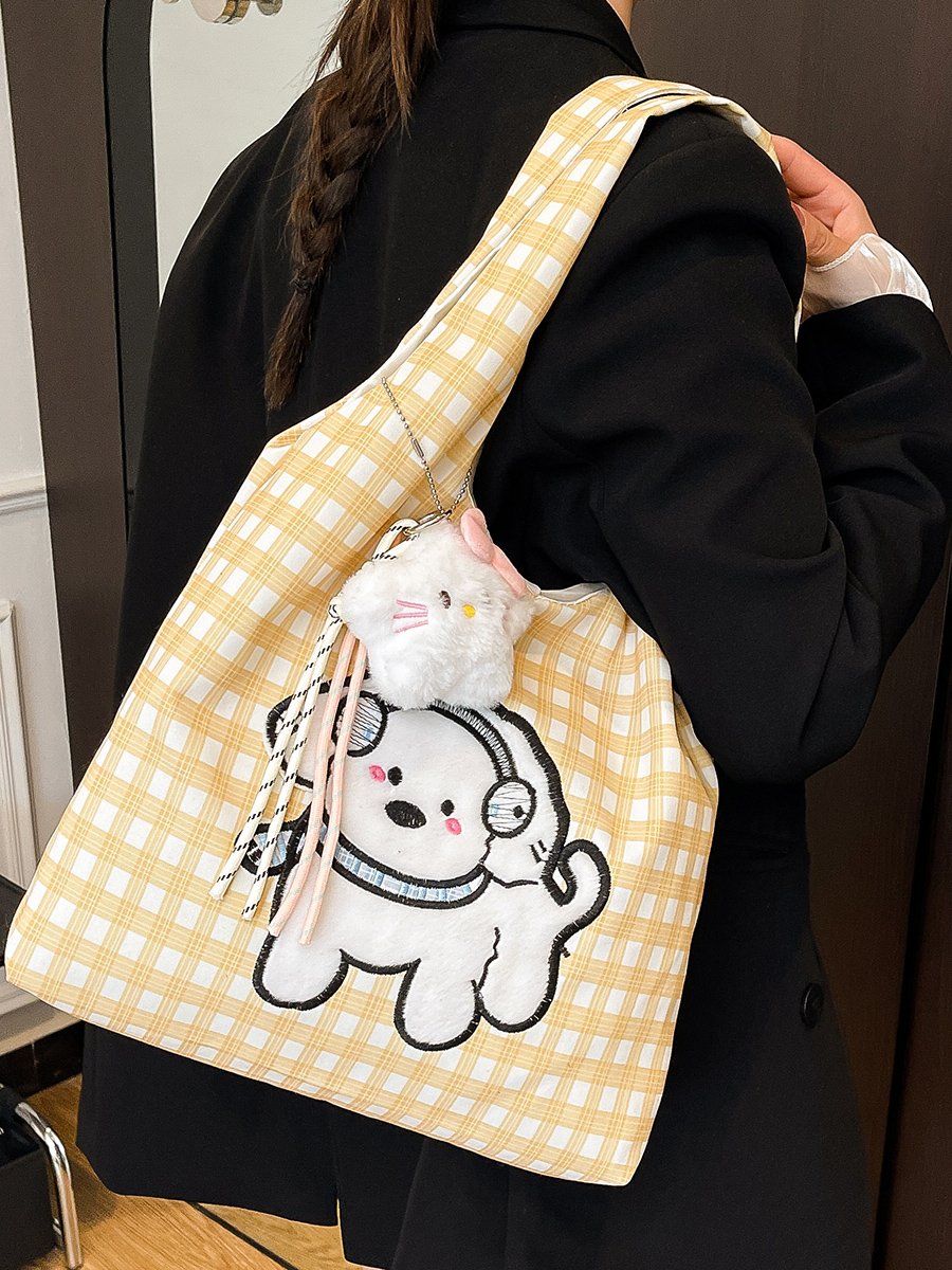 Girls Gingham Check Shoulder Bag with Plush Charm