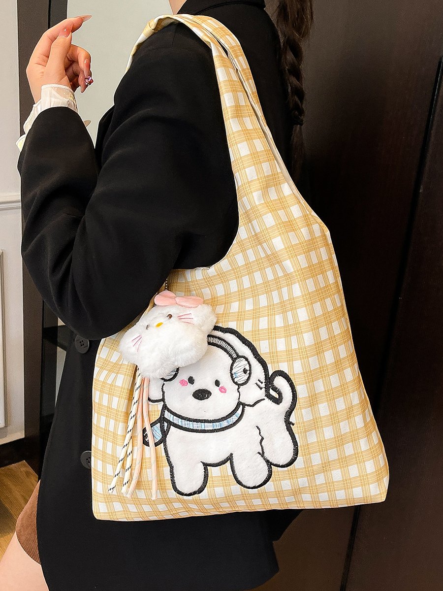 Girls Gingham Check Shoulder Bag with Plush Charm