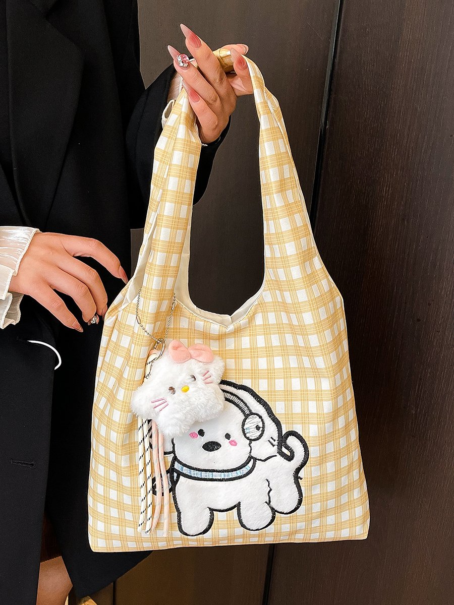 Girls Gingham Check Shoulder Bag with Plush Charm