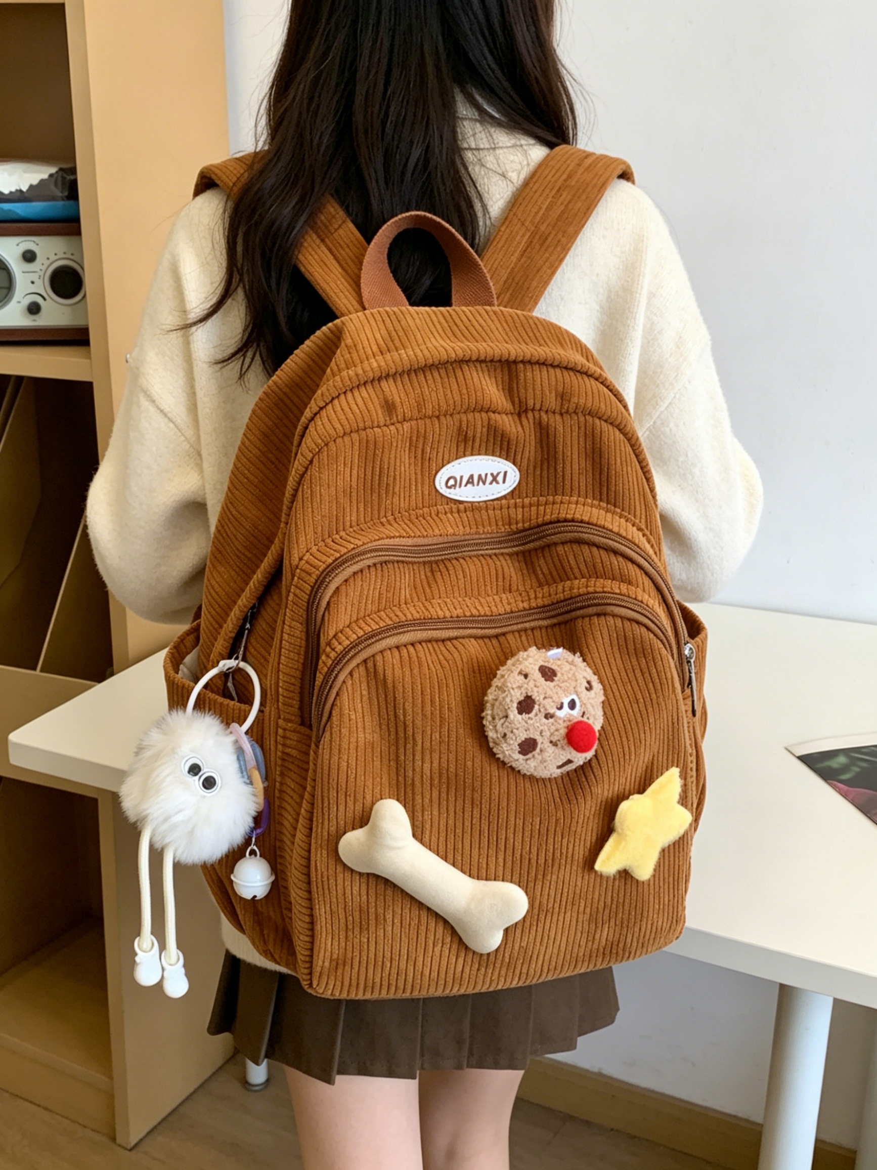 Corduroy Casual Backpack with Charms