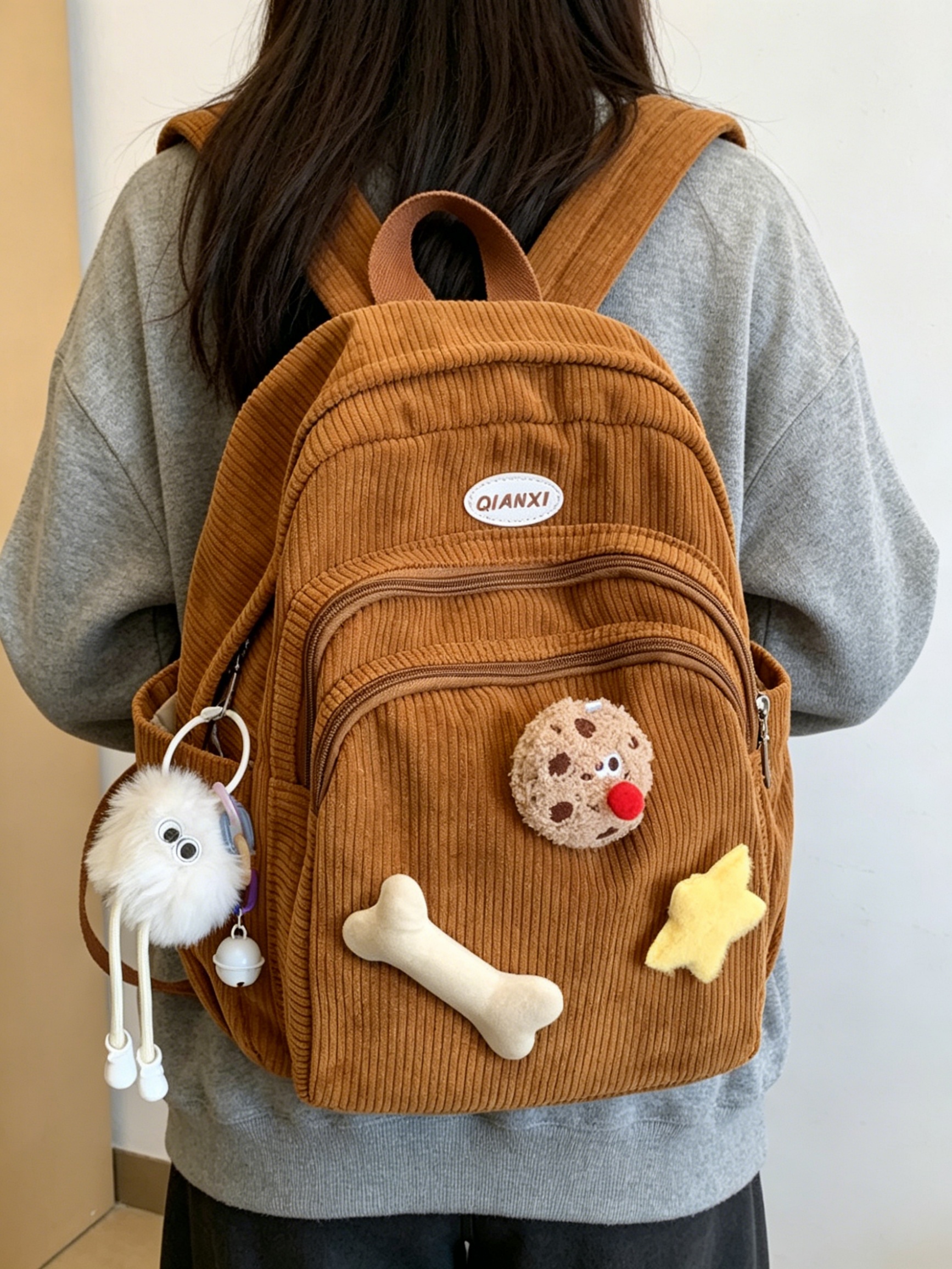 Corduroy Casual Backpack with Charms