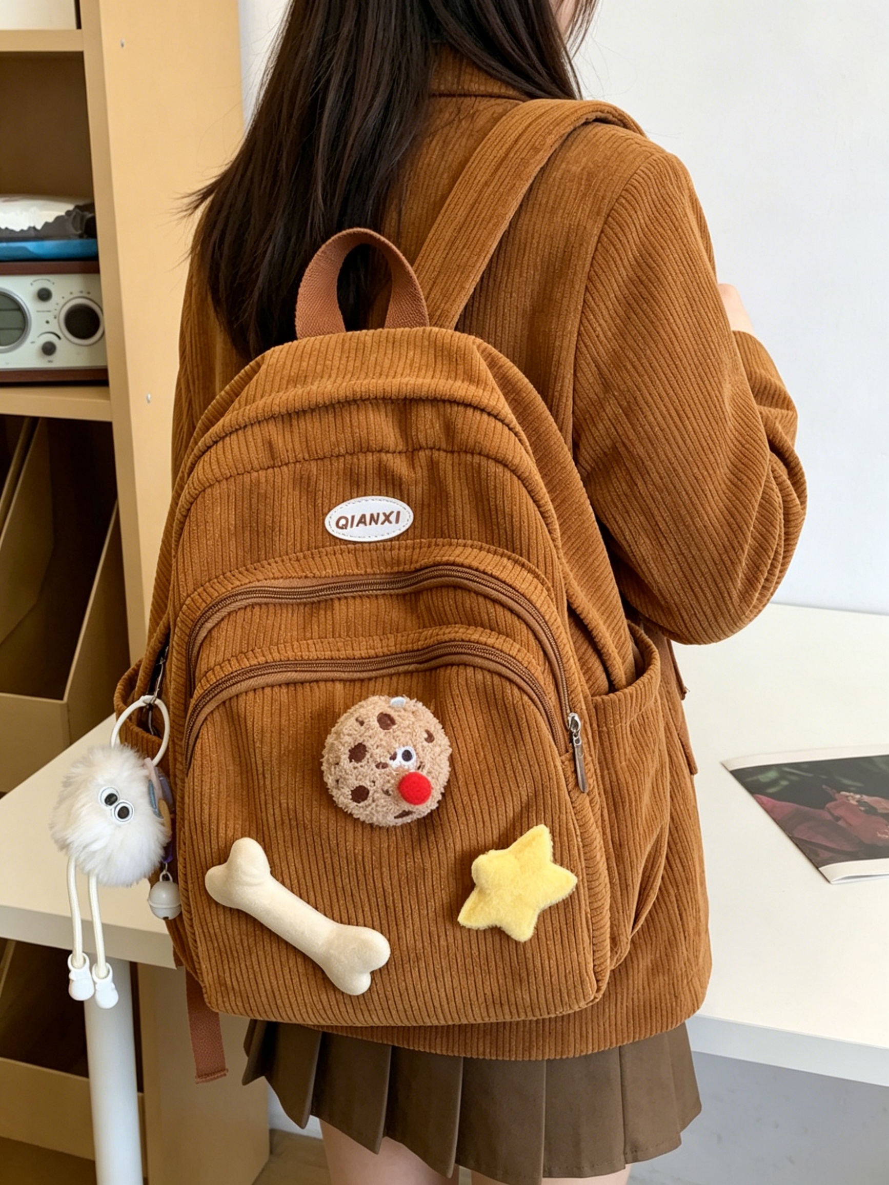 Corduroy Casual Backpack with Charms