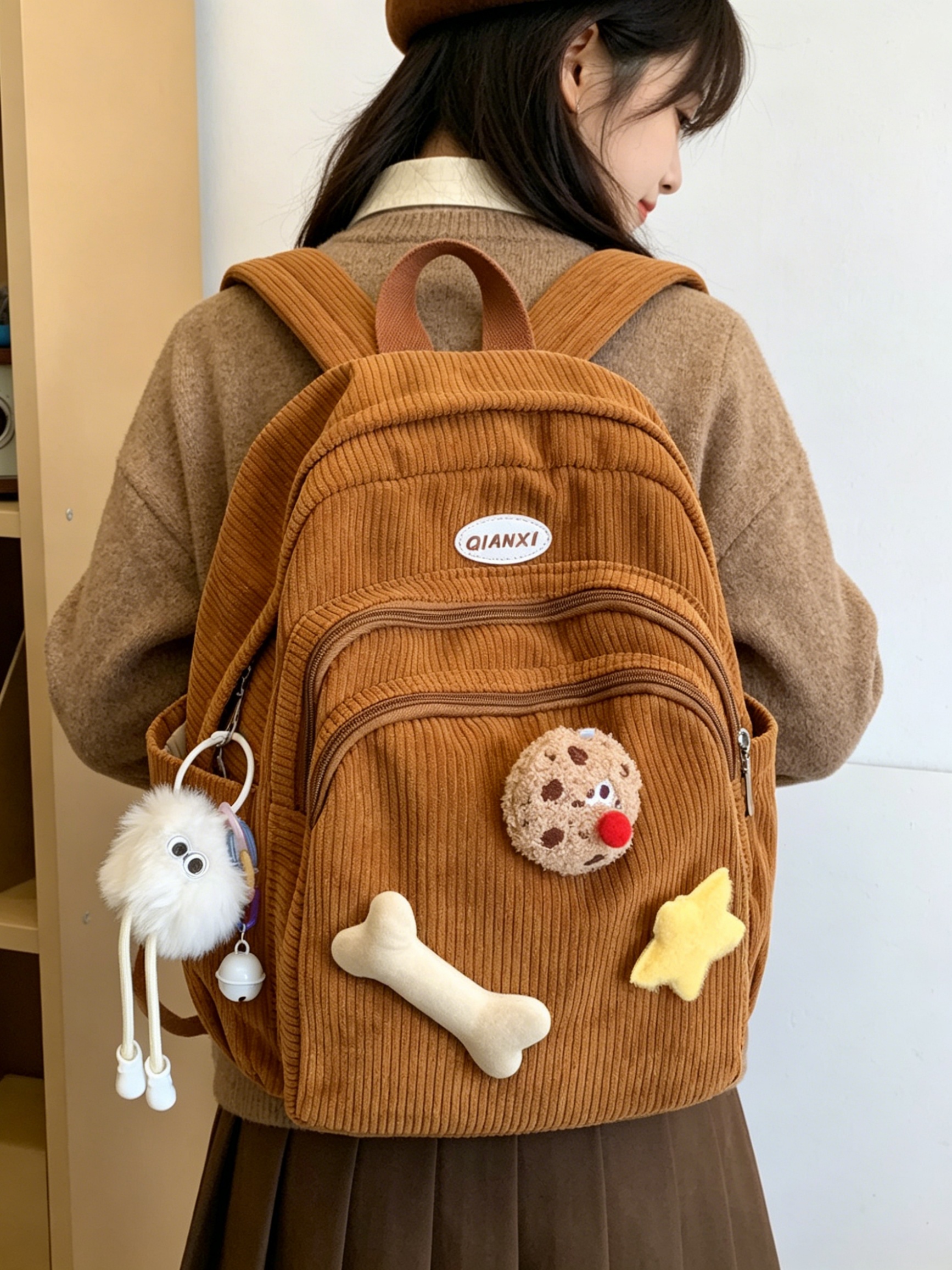 Corduroy Casual Backpack with Charms