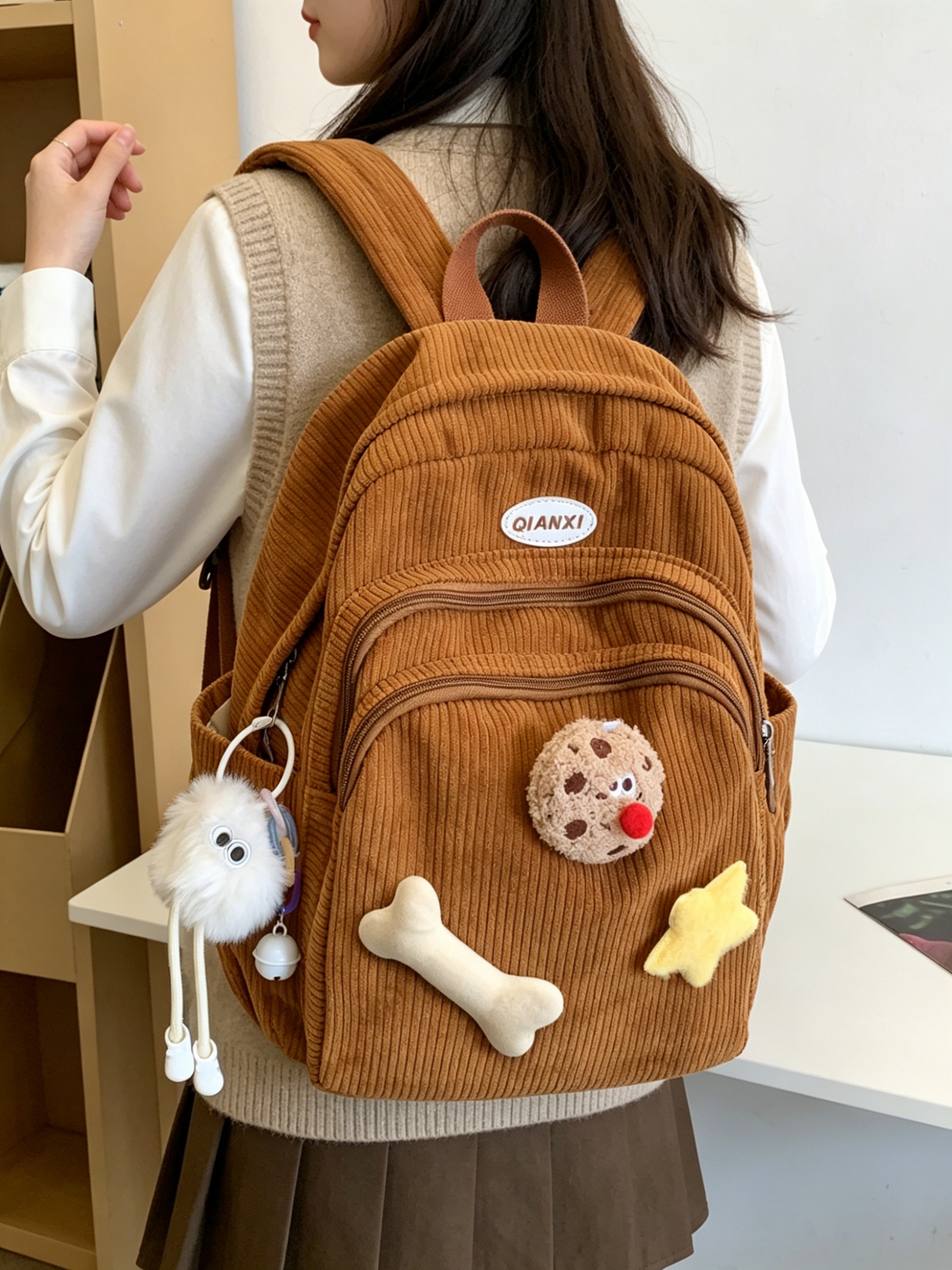 Corduroy Casual Backpack with Charms