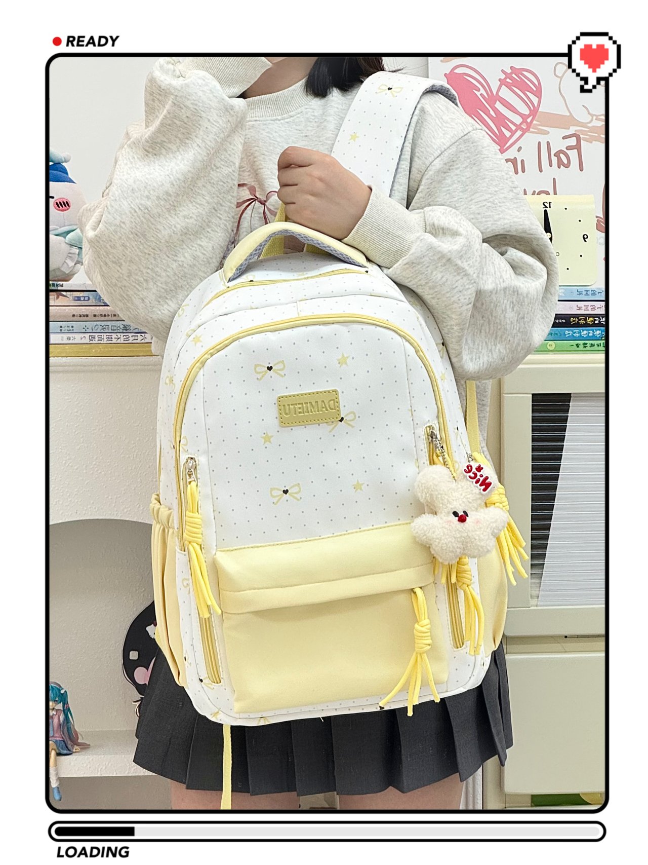 Girls Bow Print Backpack with Plush Charm