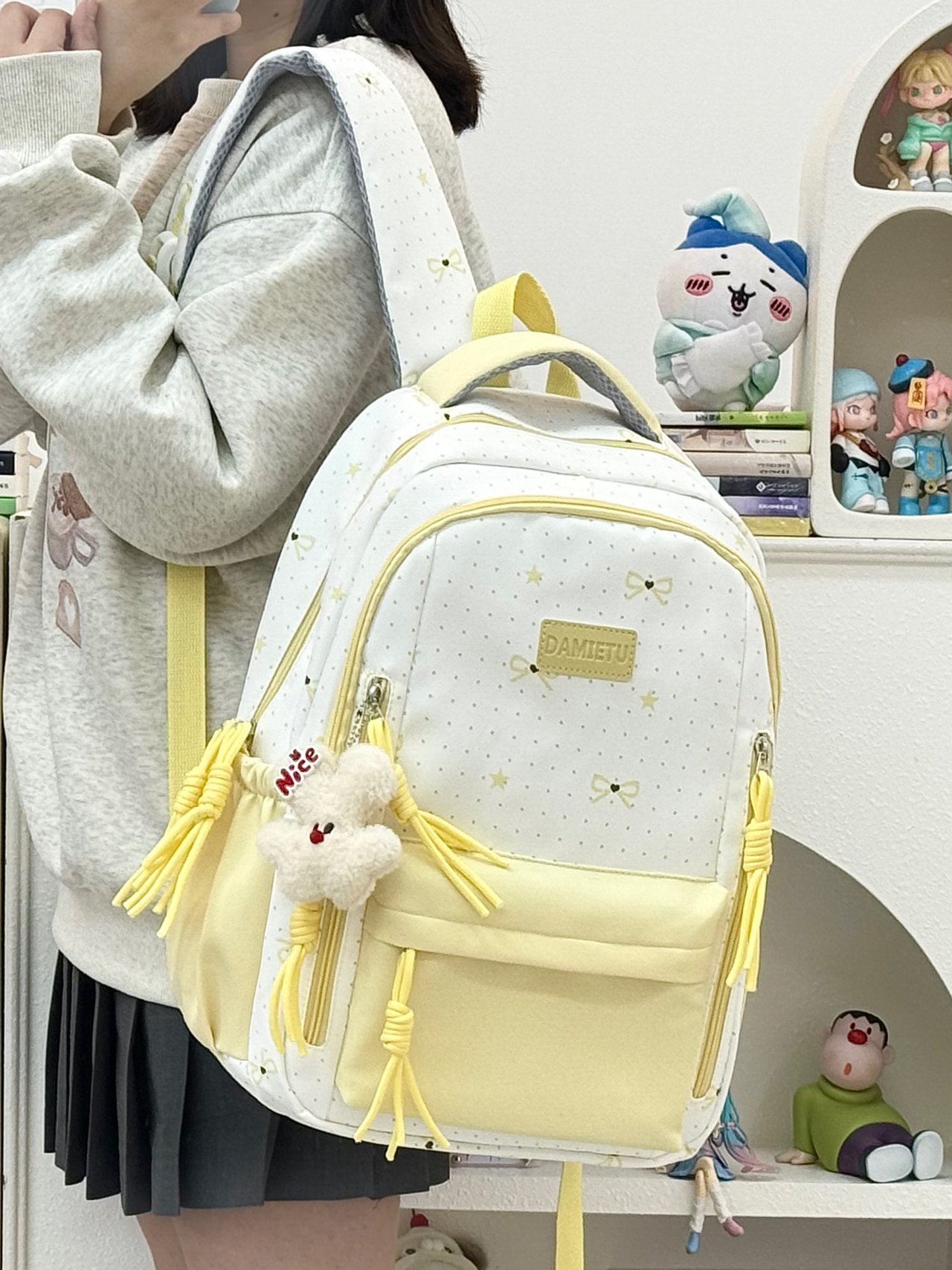 Girls Bow Print Backpack with Plush Charm