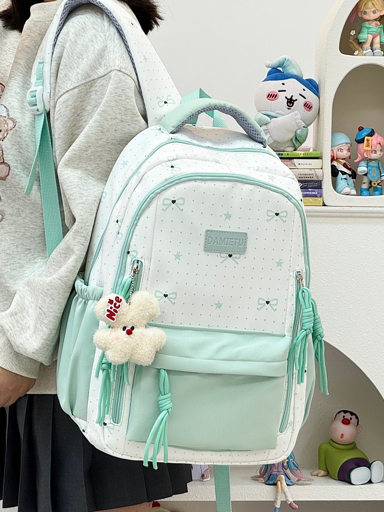 Girls Bow Print Backpack with Plush Charm
