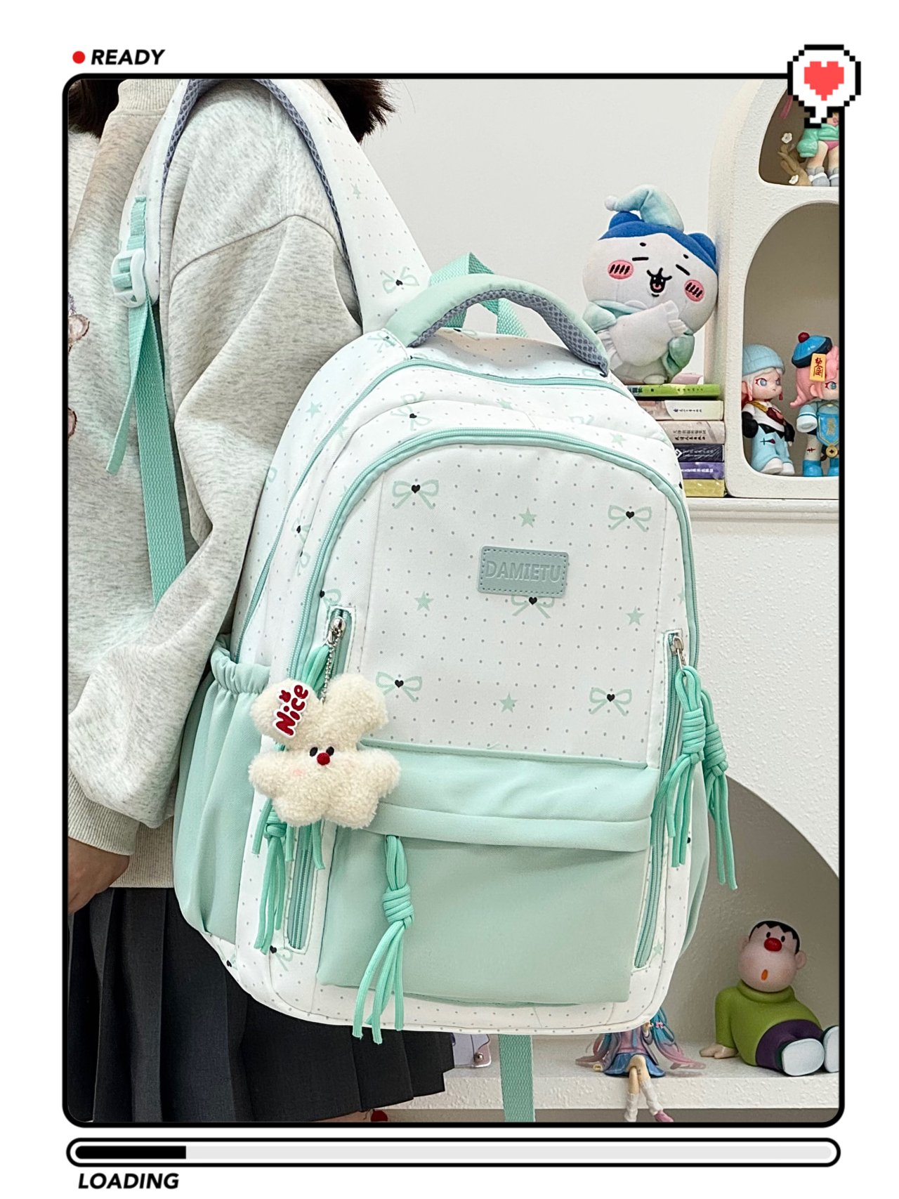 Girls Bow Print Backpack with Plush Charm