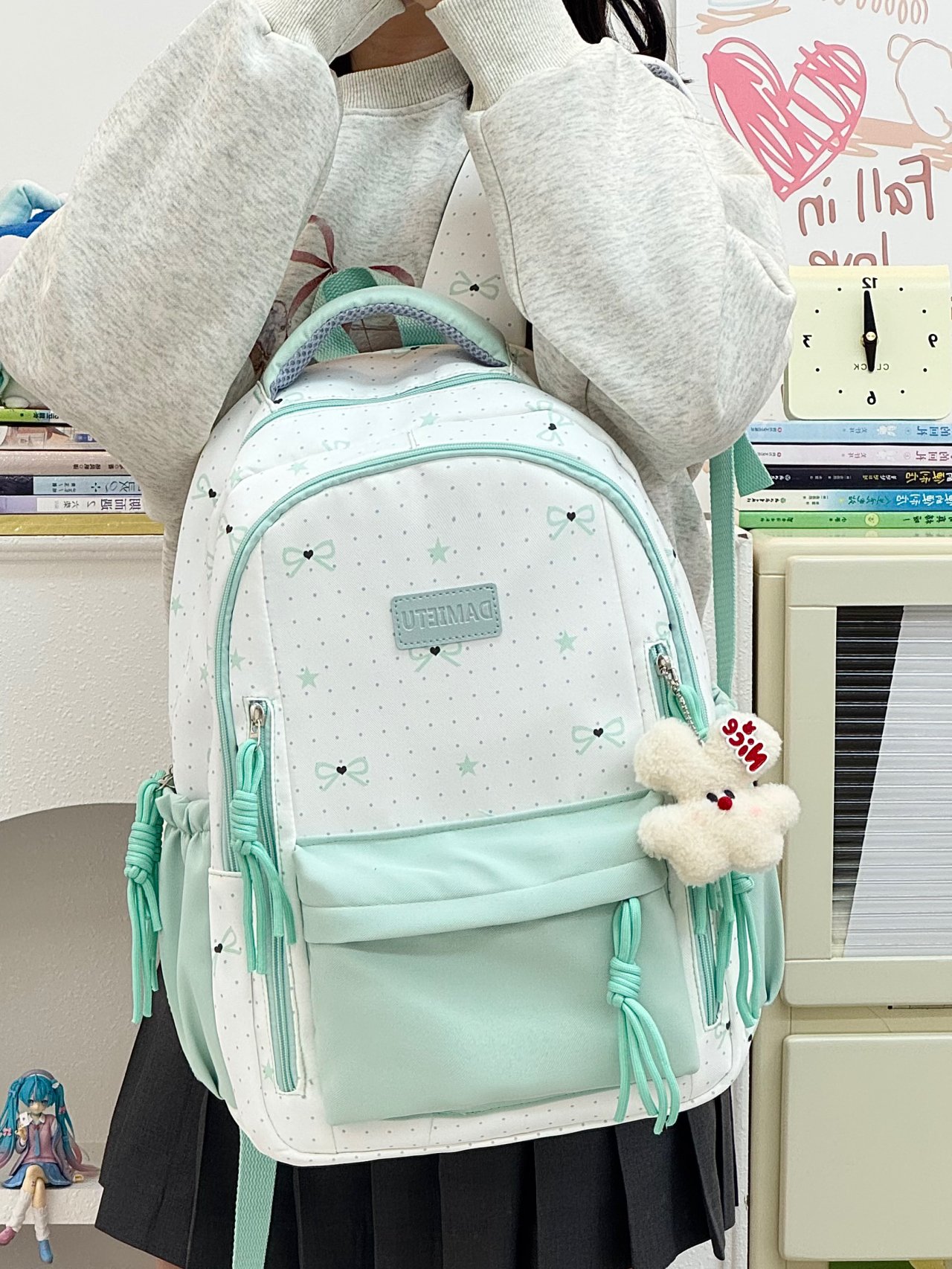 Girls Bow Print Backpack with Plush Charm