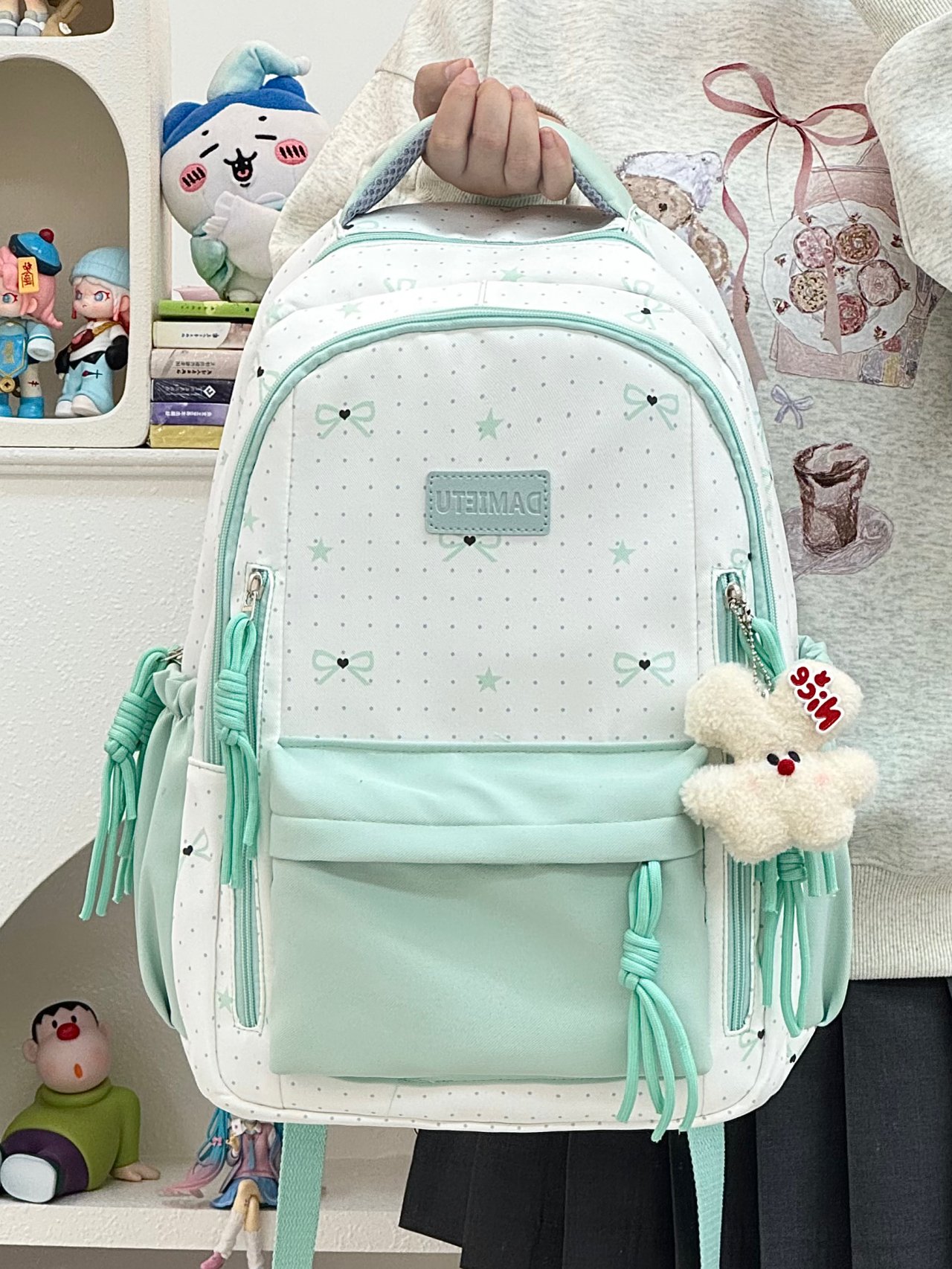 Girls Bow Print Backpack with Plush Charm