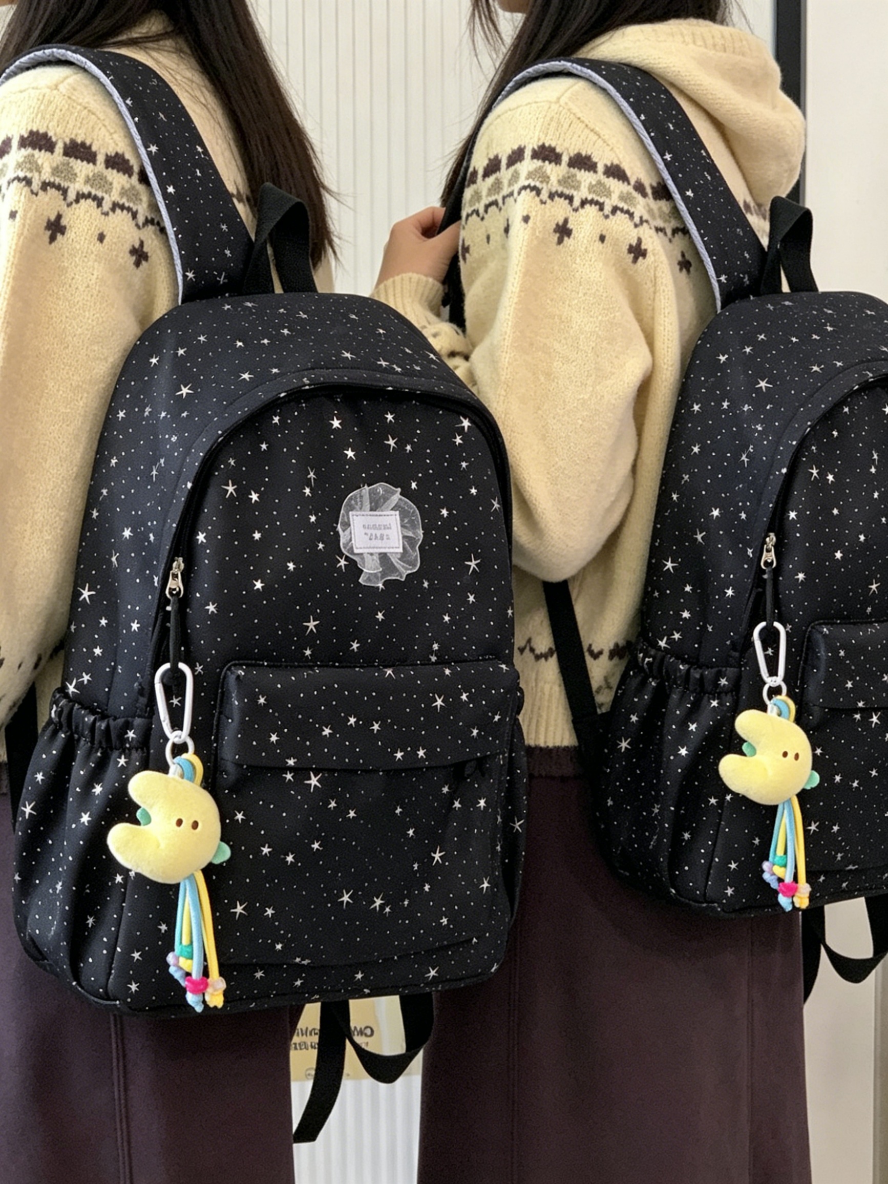 Girls Star Print Backpack with Side Pocket