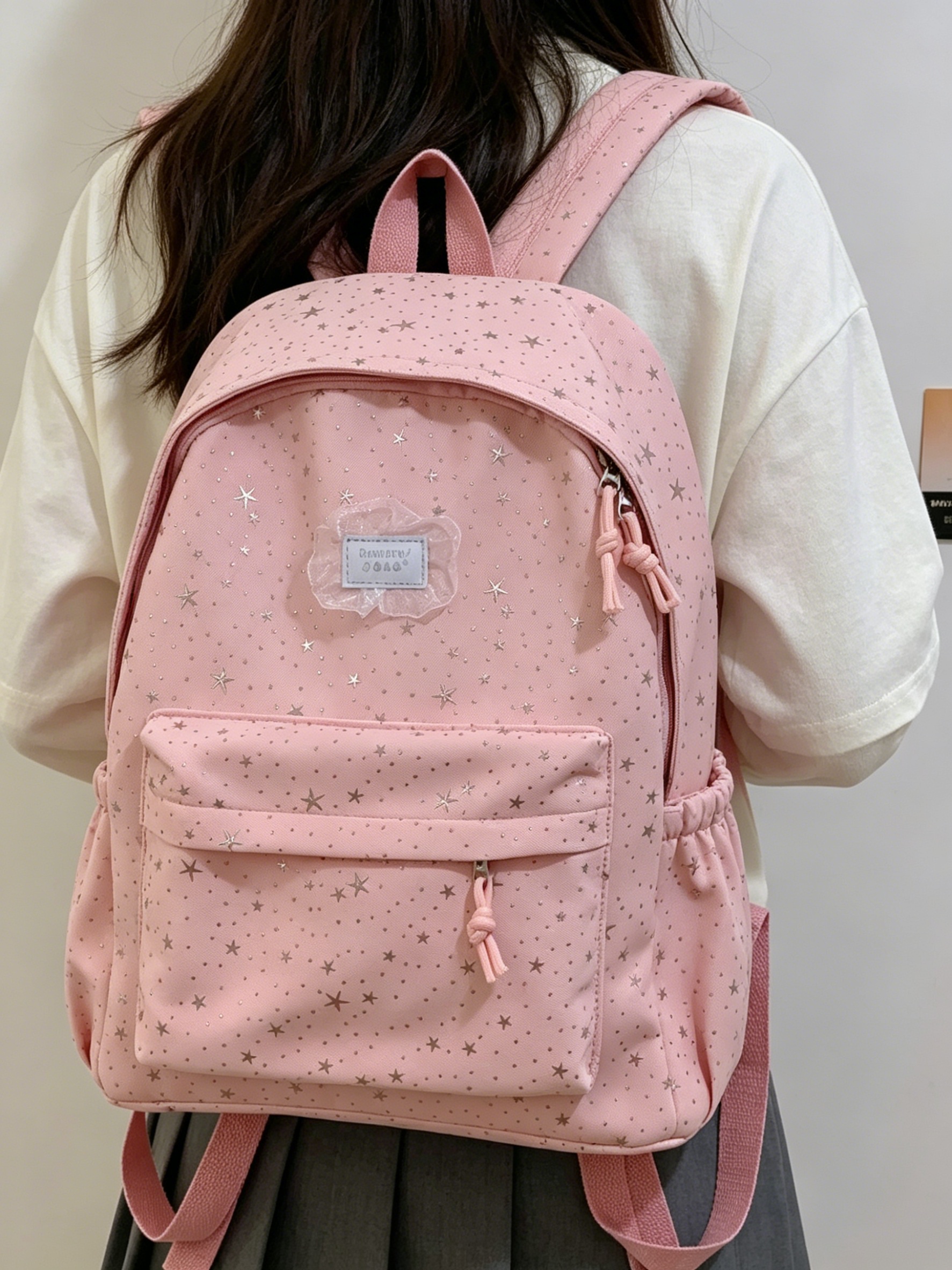 Girls Star Foil Print Backpack with Zip Pocket