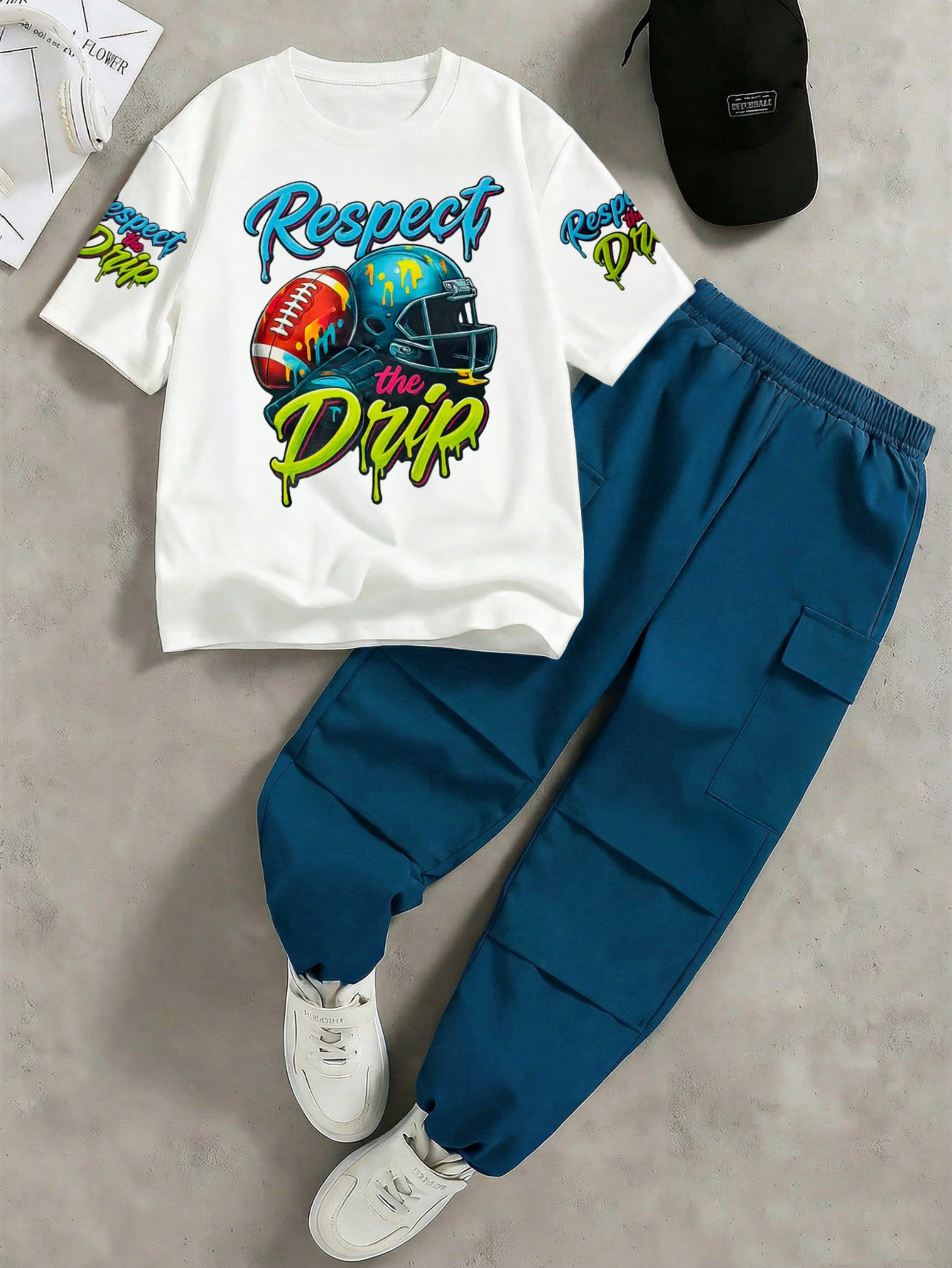 Boys Football Graphic T-Shirt and Cargo Pants Set