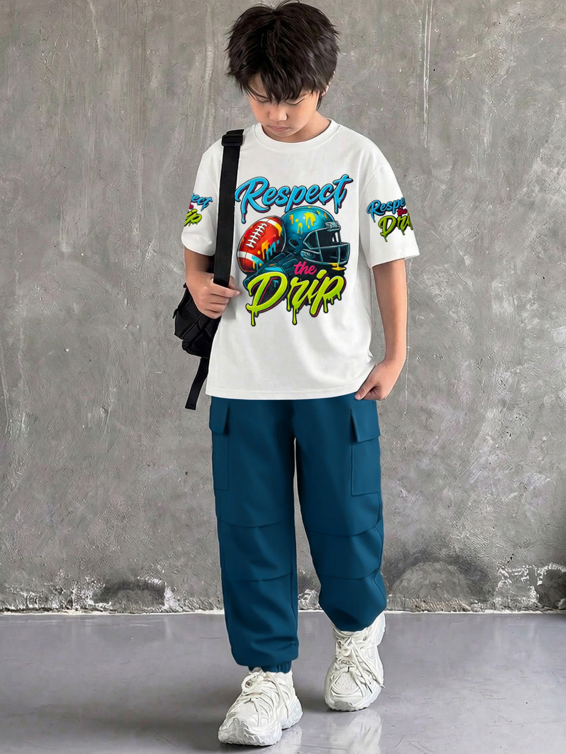 Boys Football Graphic T-Shirt and Cargo Pants Set