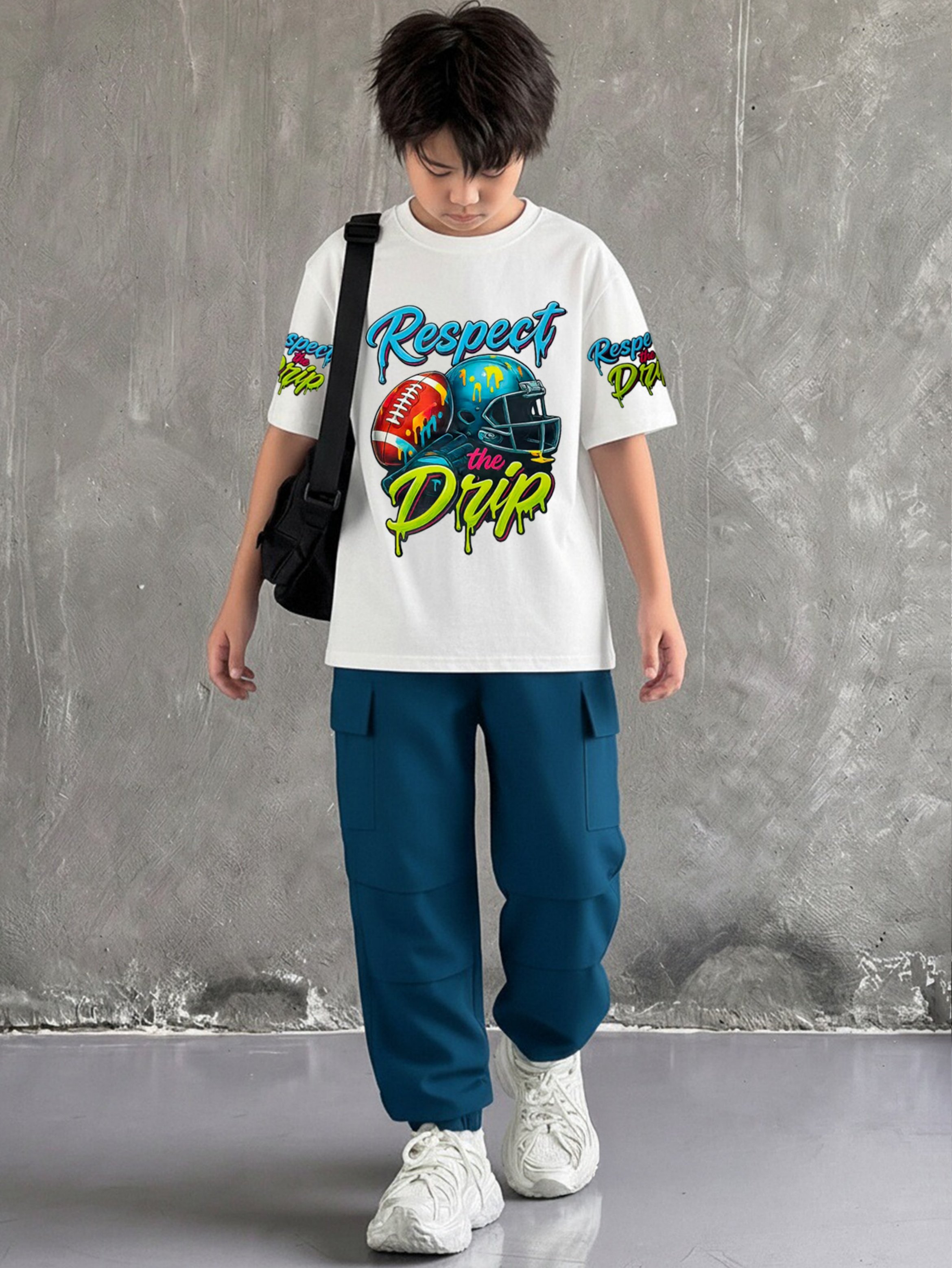 Boys Football Graphic T-Shirt and Cargo Pants Set
