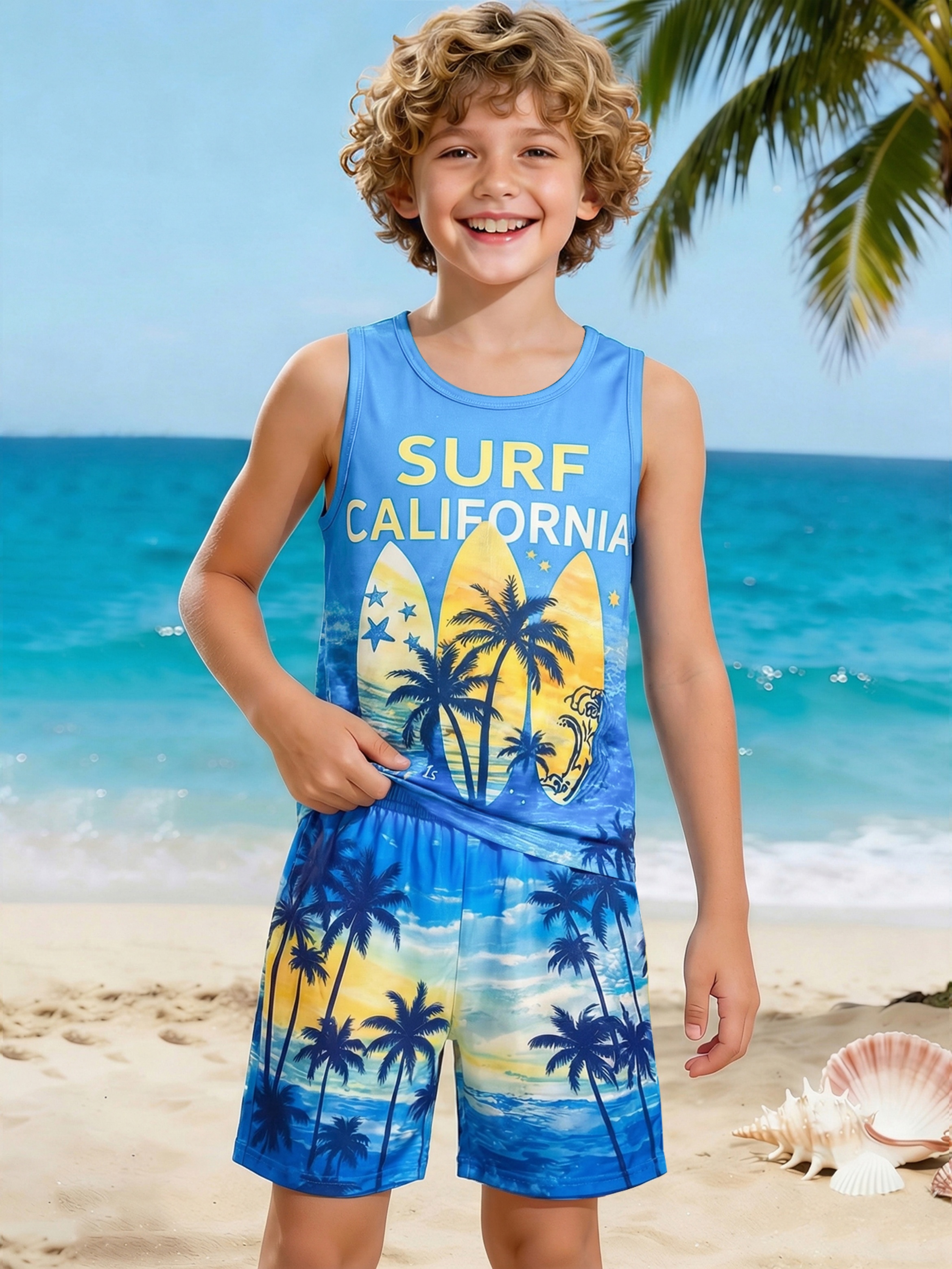 Boys Tropical Print Sleeveless Top and Shorts Set