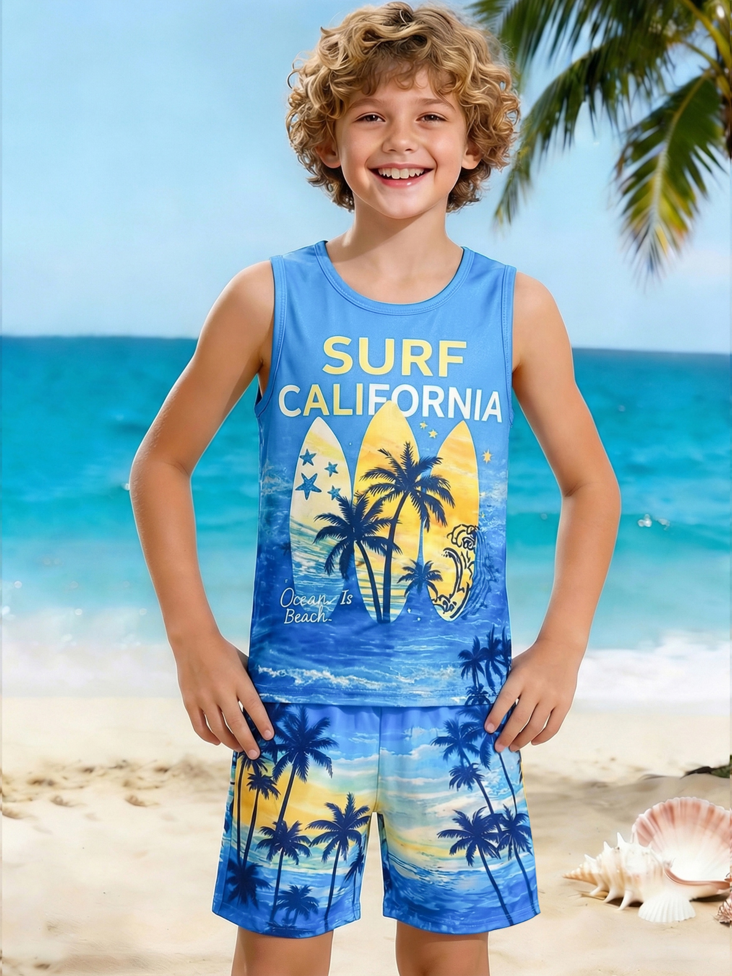 Boys Tropical Print Sleeveless Top and Shorts Set