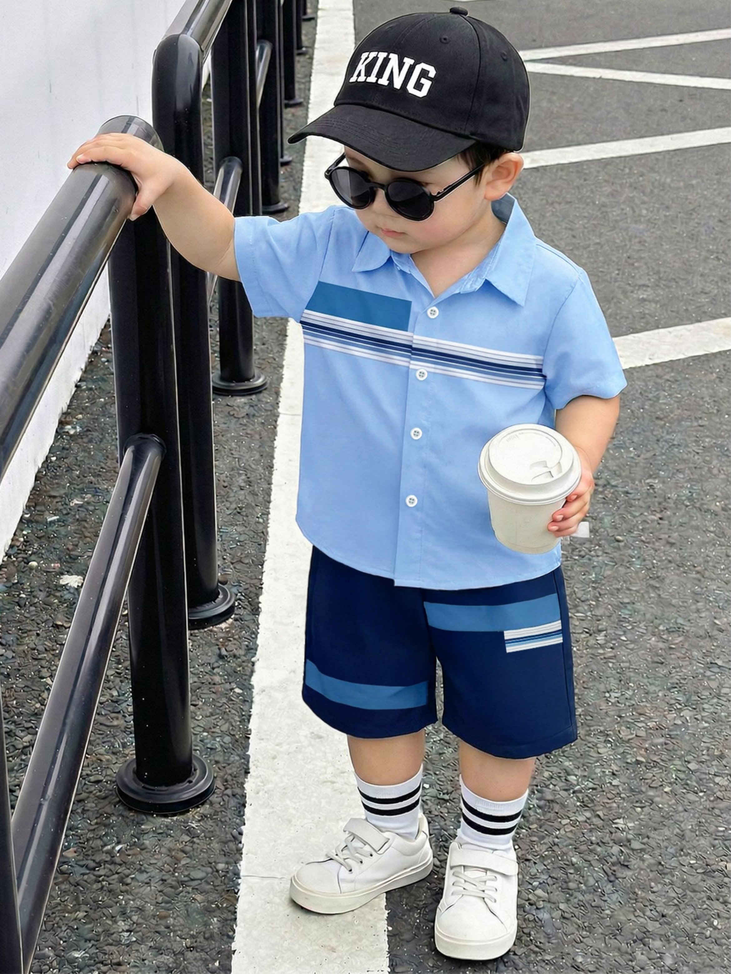 Boys Striped Blue Shirt and Navy Shorts Set