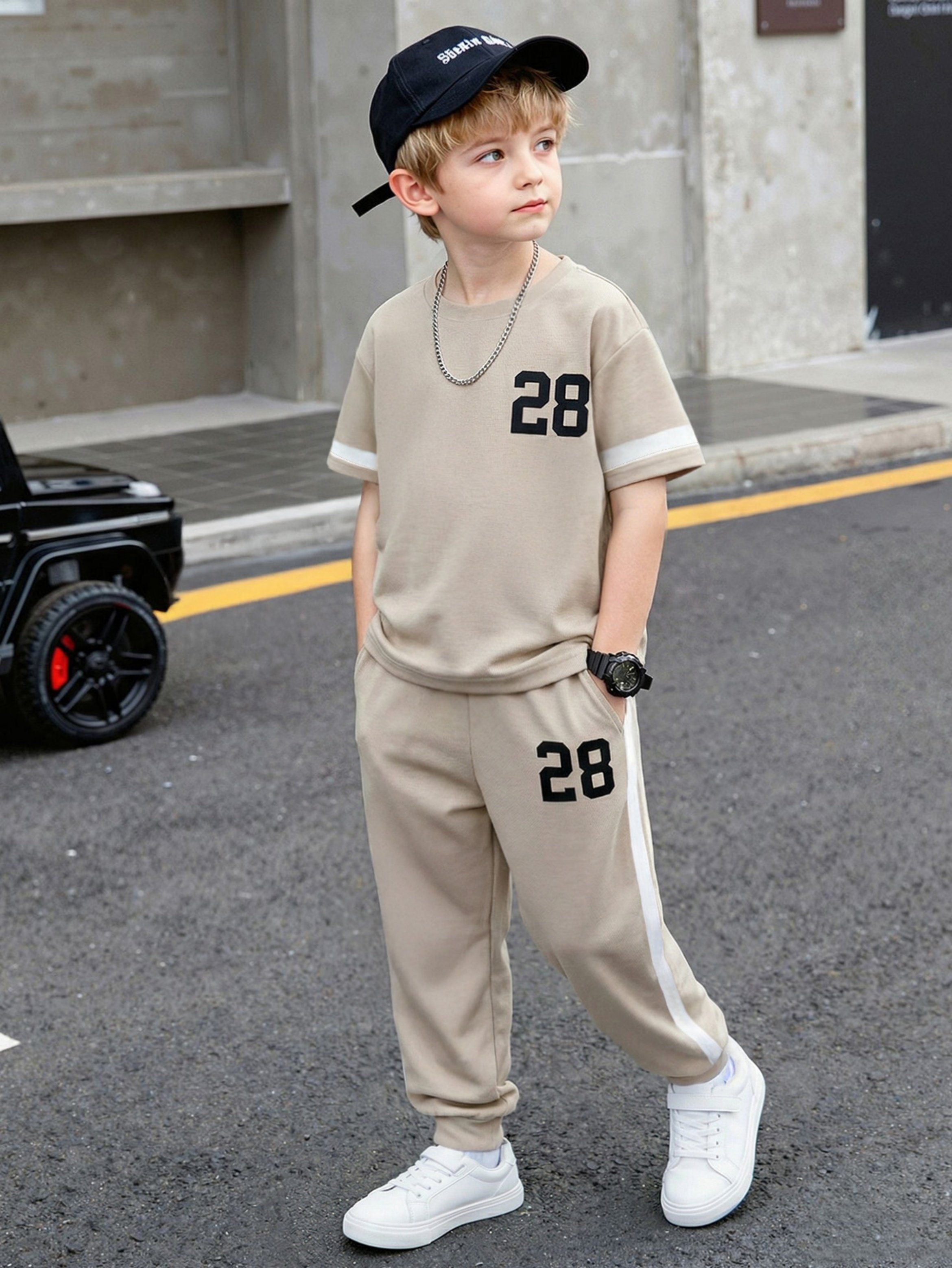Boys Beige 28 Number Print T-Shirt and Jogger Set