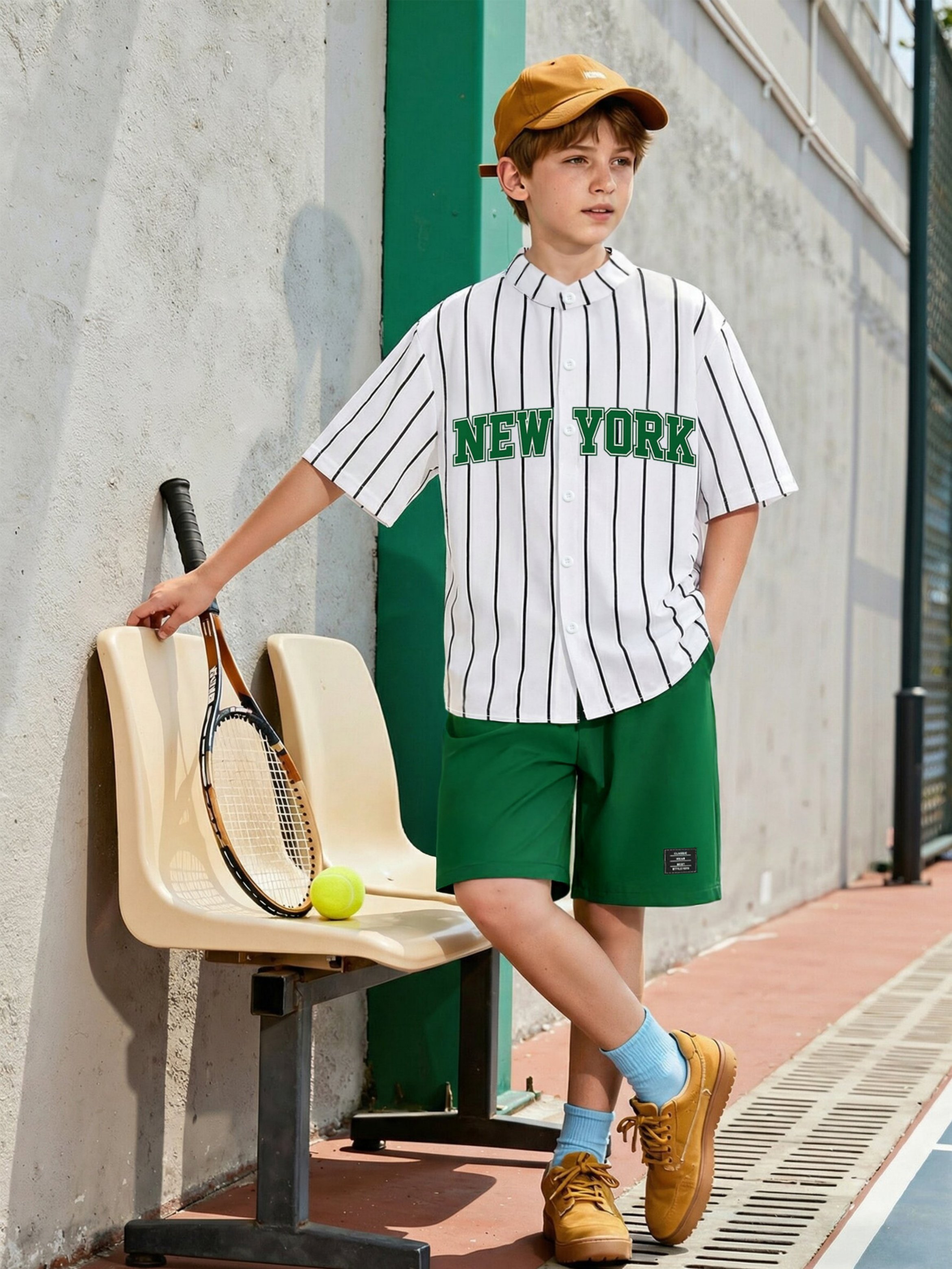 Boys Striped Oversized Shirt and Green Shorts Set