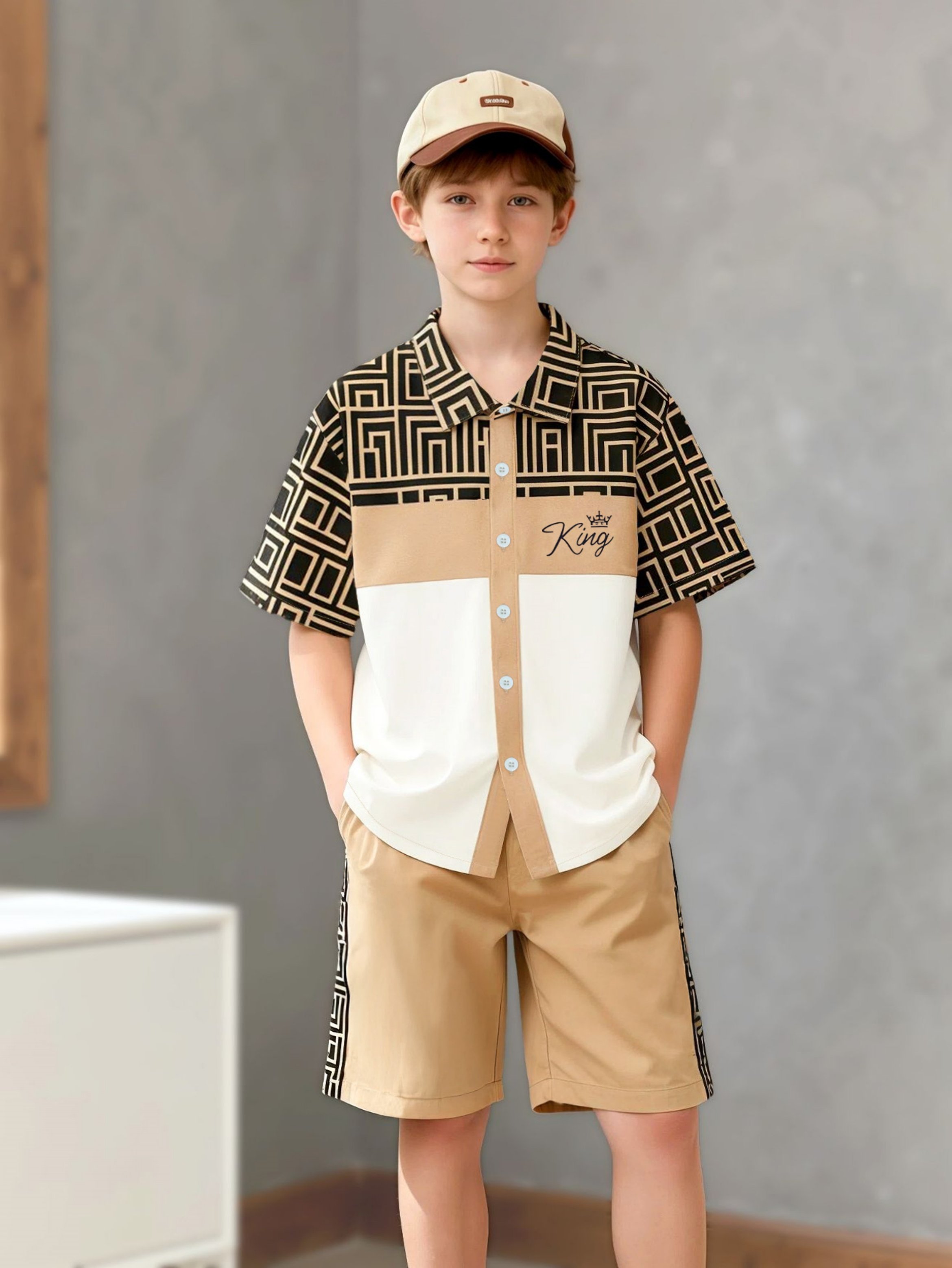Boys Patterned Short-Sleeve Shirt and Shorts Set