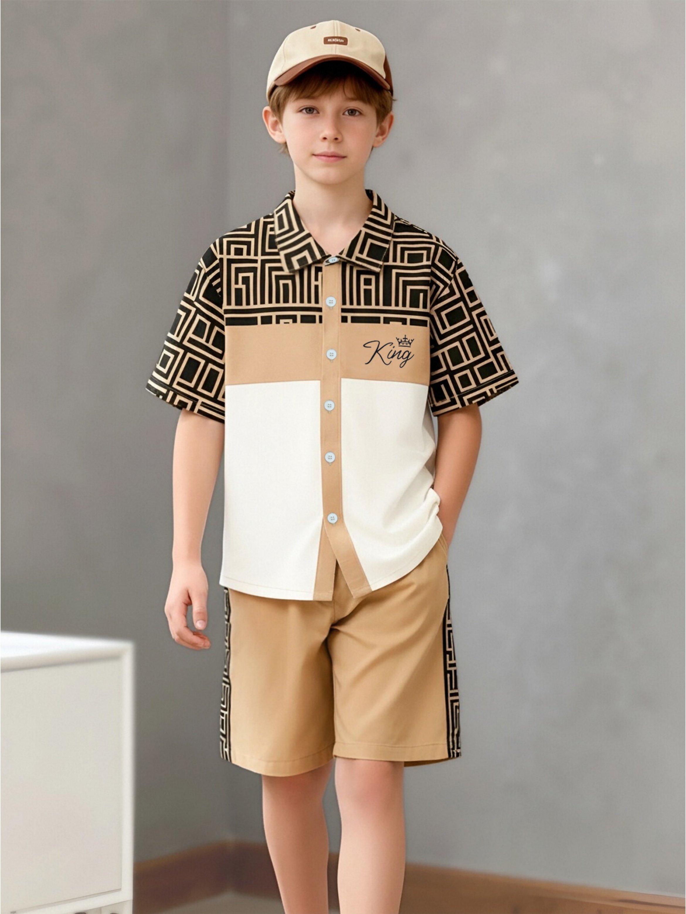 Boys Patterned Short-Sleeve Shirt and Shorts Set