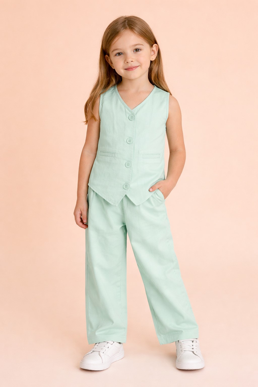 Girls Green Cotton Waistcoat and Trousers Set