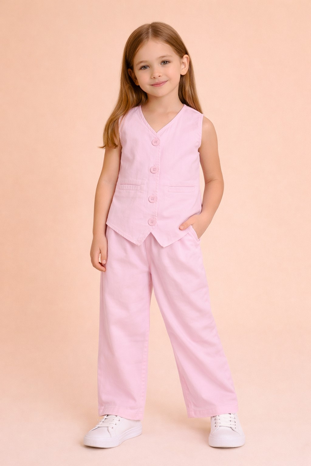 Girls Pink Cotton Waistcoat and Trousers Set