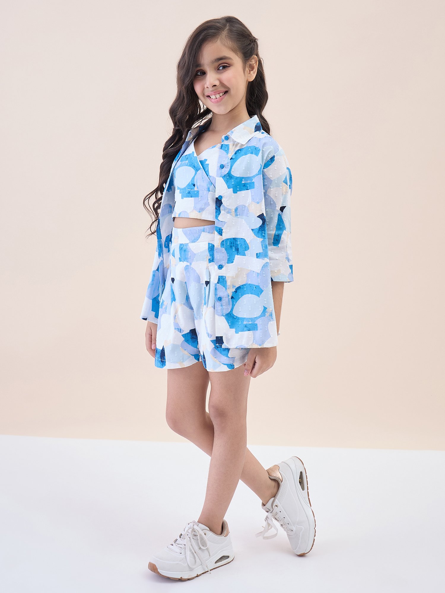 Girls Blue Dobby Rayon Shirt, Crop Top and Shorts Set