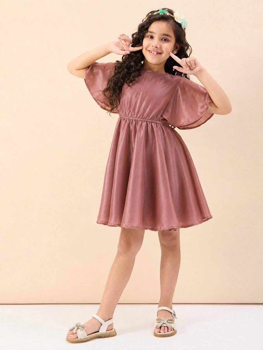 Girls Solid Round Neck Half Sleeves A-Line Dress