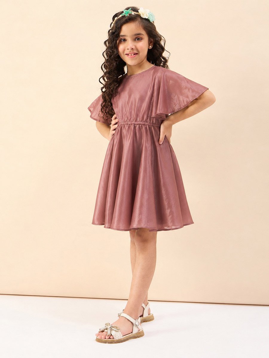Girls Solid Round Neck Half Sleeves A-Line Dress