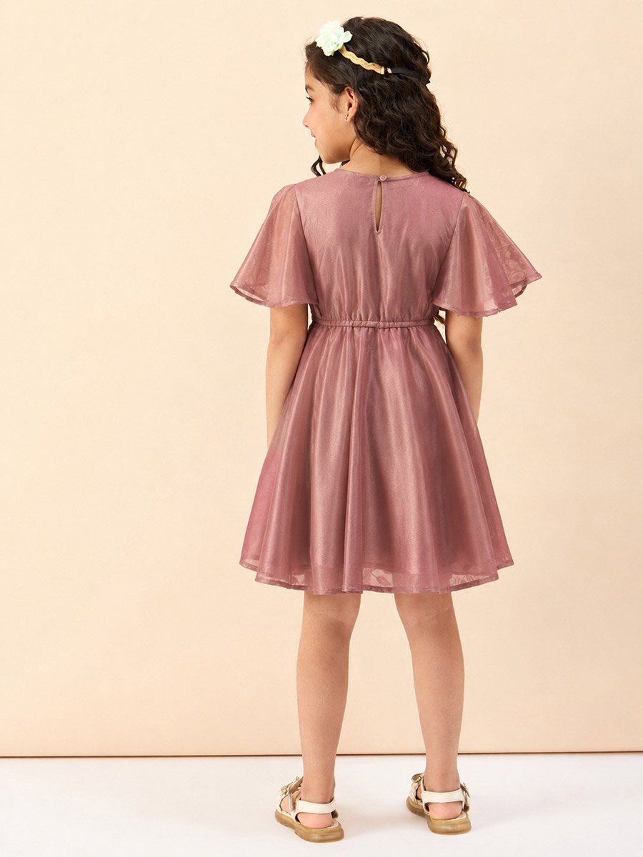 Girls Solid Round Neck Half Sleeves A-Line Dress