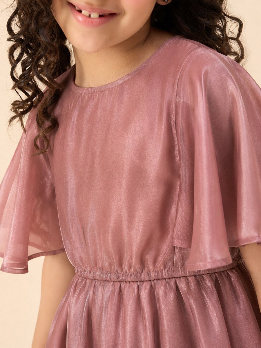 Girls Solid Round Neck Half Sleeves A-Line Dress