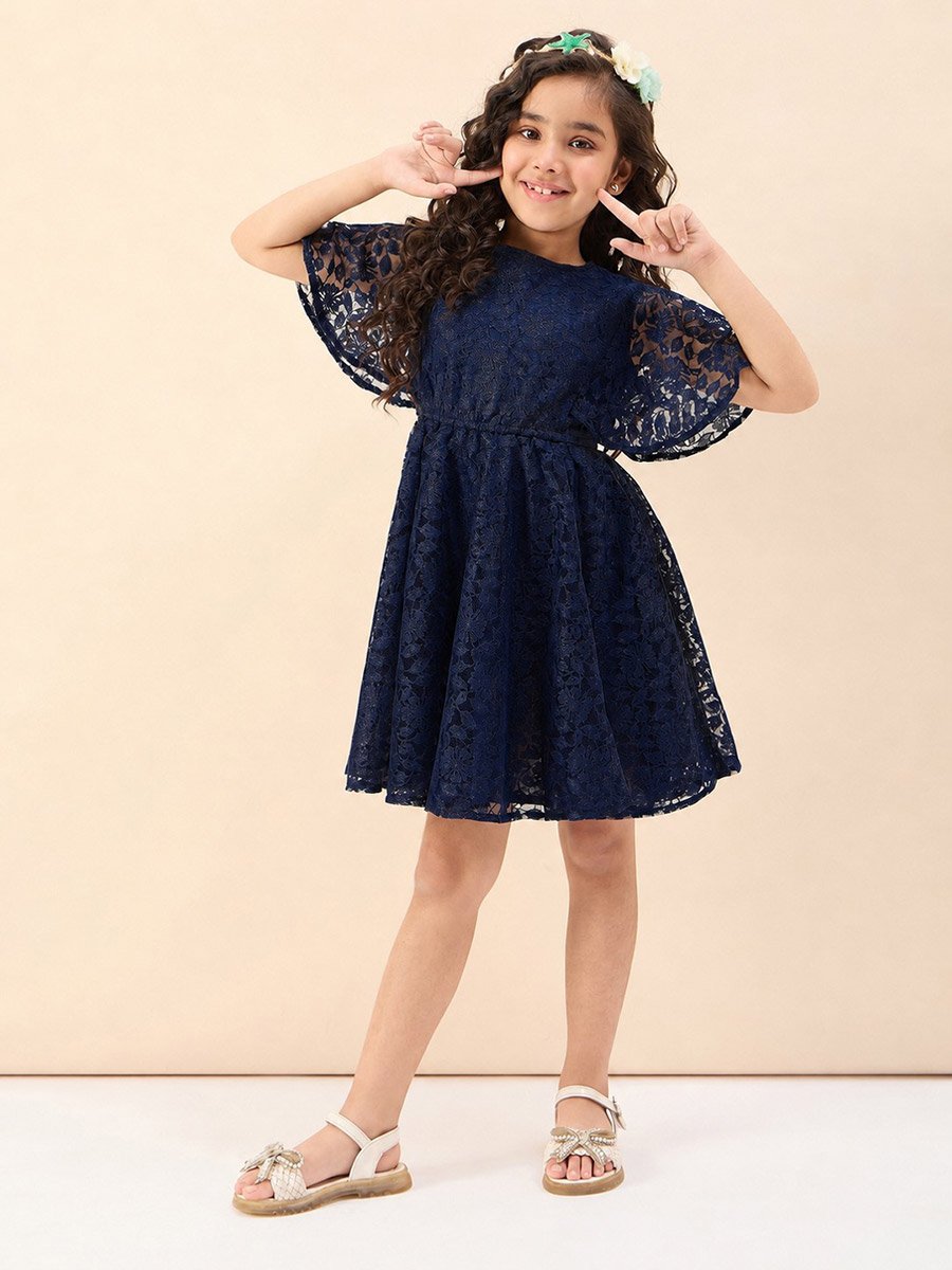 Girls Solid Round Neck Half Sleeves A-Line Dress
