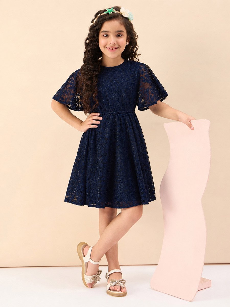 Girls Solid Round Neck Half Sleeves A-Line Dress