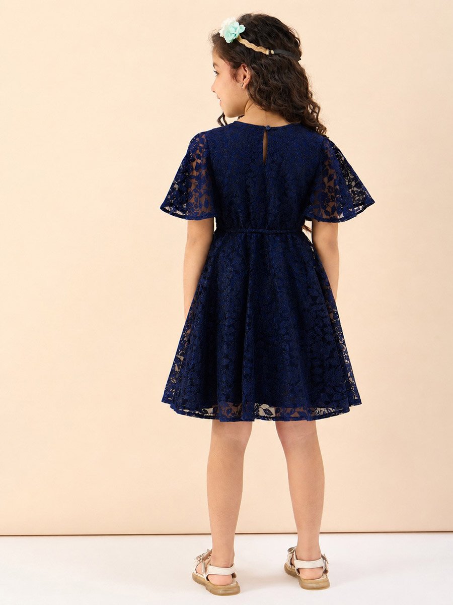 Girls Solid Round Neck Half Sleeves A-Line Dress