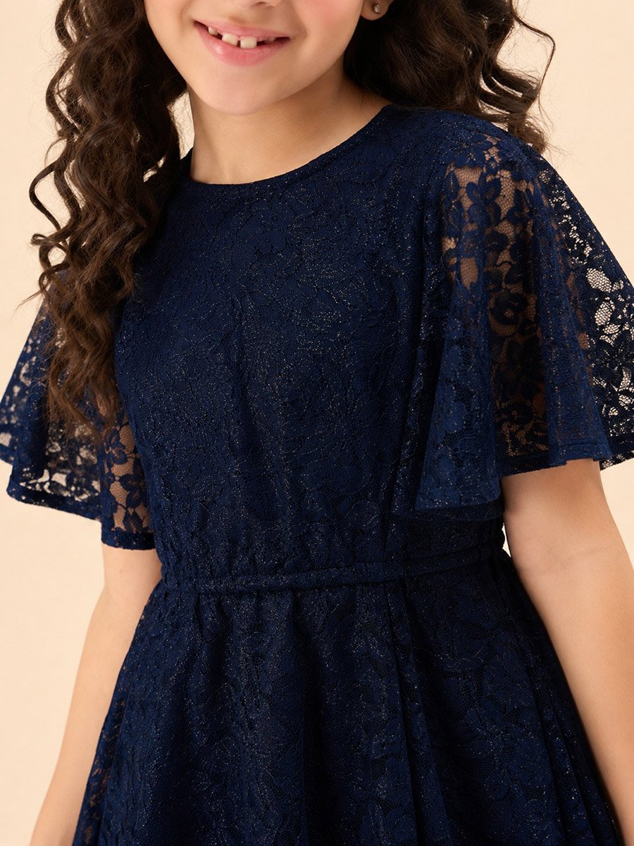 Girls Solid Round Neck Half Sleeves A-Line Dress