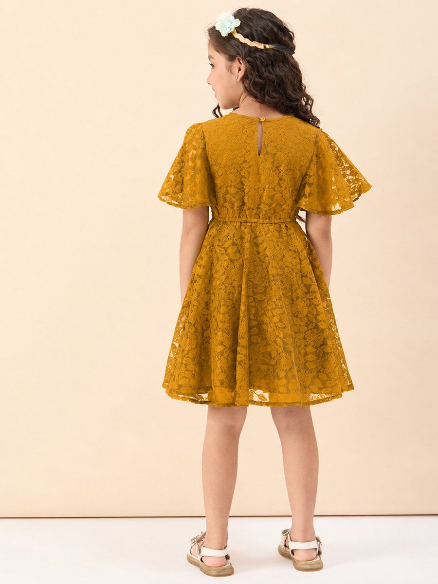 Girls Solid Round Neck Half Sleeves A-Line Dress