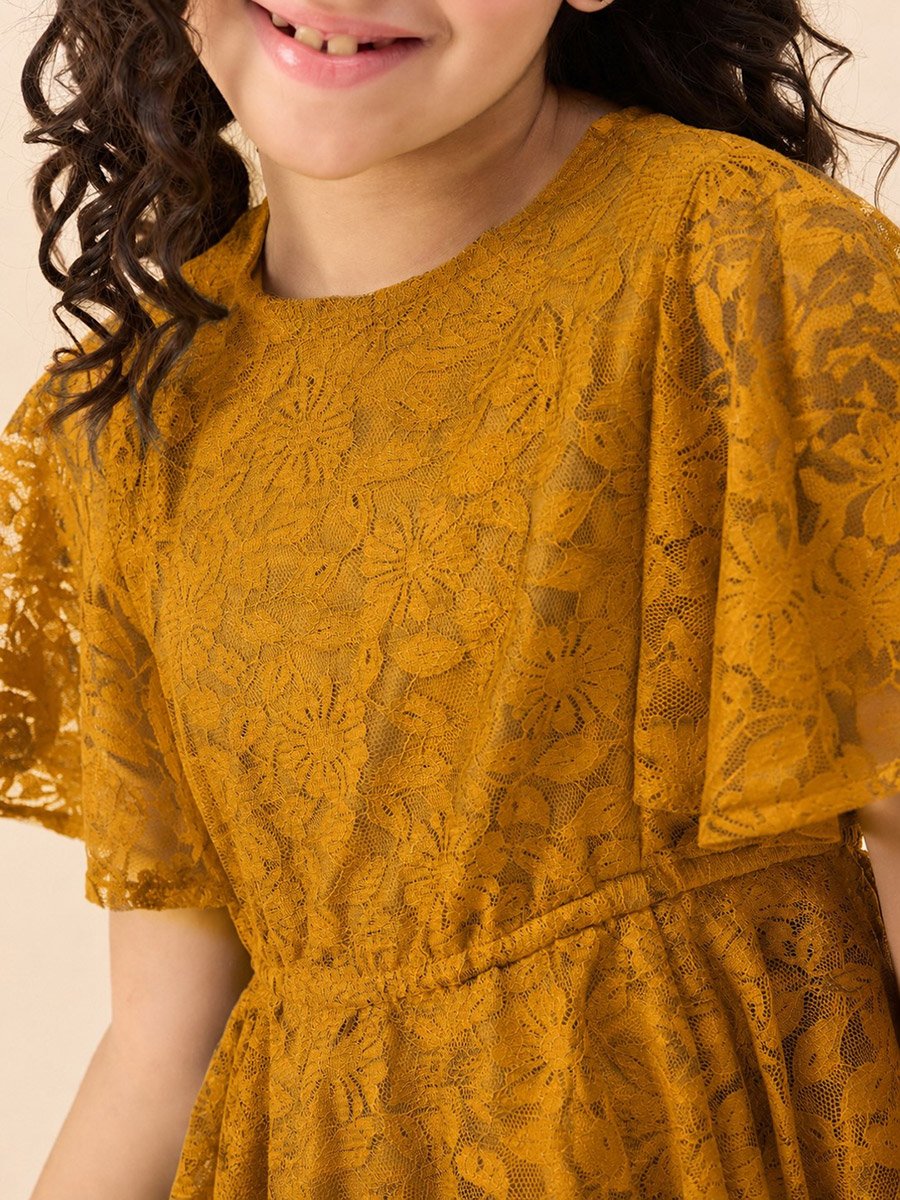 Girls Solid Round Neck Half Sleeves A-Line Dress