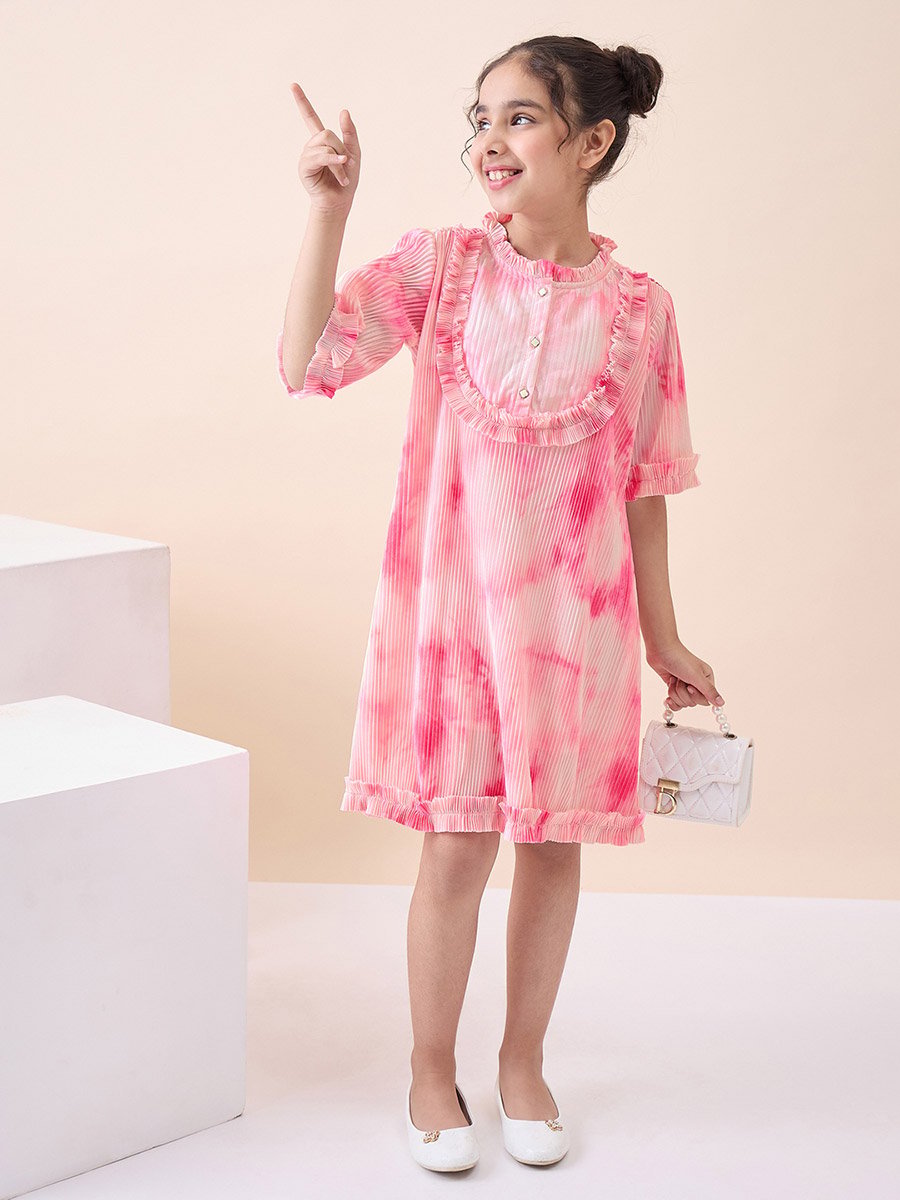 Girls Tie and Dye All over Print Round Neck Elbow Sleeves A-Line Dress