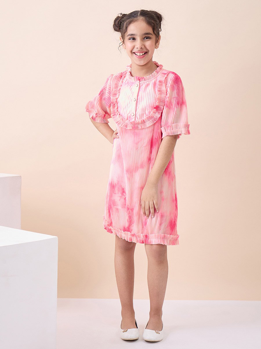 Girls Tie and Dye All over Print Round Neck Elbow Sleeves A-Line Dress